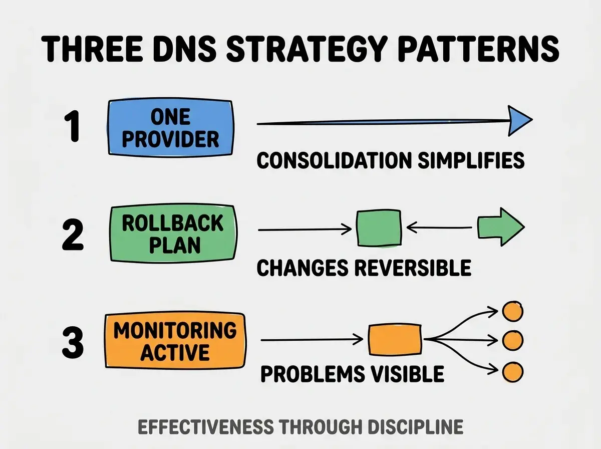 Clean modern flat infographic on light gray background. Top title bold black: THREE DNS STRATEGY PATTERNS. Single vertical numbered list with three rows. Row 1 blue badge ONE PROVIDER with subtitle CONSOLIDATION SIMPLIFIES. Row 2 green badge ROLLBACK PLAN with subtitle CHANGES REVERSIBLE. Row 3 orange badge MONITORING ACTIVE with subtitle PROBLEMS VISIBLE. Footer text dark gray: EFFECTIVENESS THROUGH DISCIPLINE. Each label appears exactly once. No duplicated text.