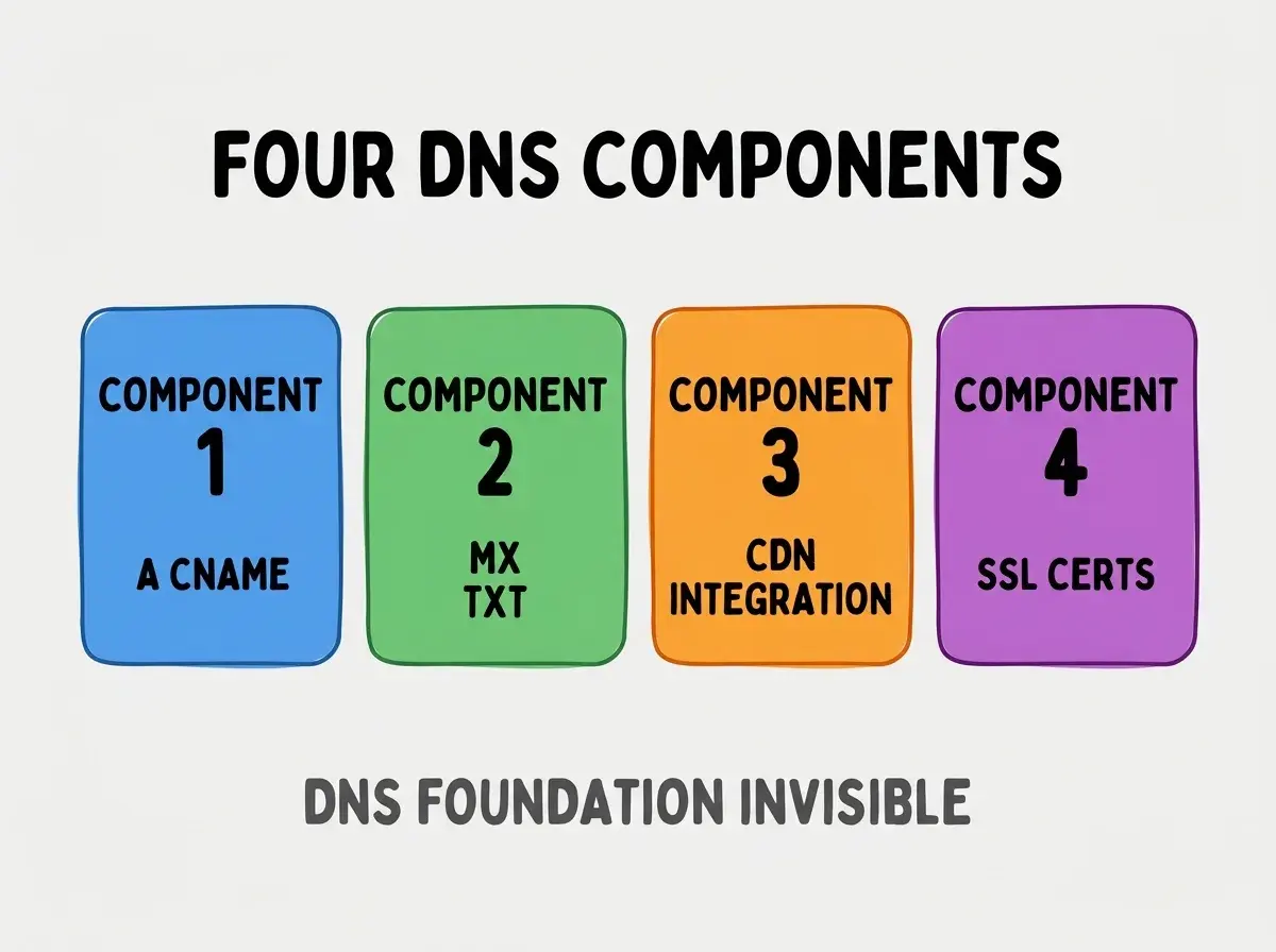 Clean modern flat infographic on light gray background. Top center bold black title text: FOUR DNS COMPONENTS. Below title, four equal sized colored rounded rectangle cards arranged horizontally. Card 1 blue: large bold text COMPONENT 1 then smaller text A CNAME. Card 2 green: large bold text COMPONENT 2 then smaller text MX TXT. Card 3 orange: large bold text COMPONENT 3 then smaller text CDN INTEGRATION. Card 4 purple: large bold text COMPONENT 4 then smaller text SSL CERTS. Single footer line below cards in dark gray text: DNS FOUNDATION INVISIBLE. Nothing else on canvas. No text outside cards or below cards.