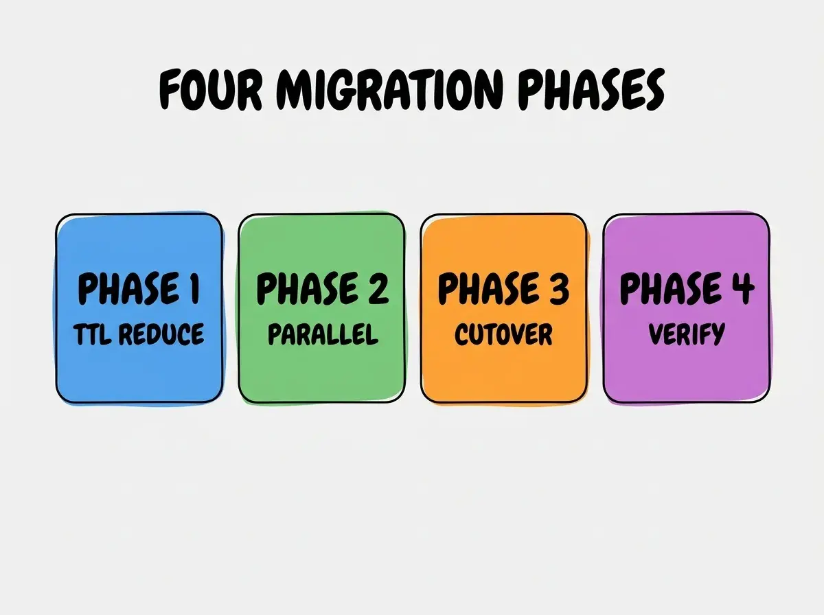 Clean modern flat infographic on light gray background. Top center bold black title text: FOUR MIGRATION PHASES. Below title, four equal sized colored rounded rectangle cards arranged horizontally. Card 1 blue: large bold text PHASE 1 then smaller text TTL REDUCE. Card 2 green: large bold text PHASE 2 then smaller text PARALLEL. Card 3 orange: large bold text PHASE 3 then smaller text CUTOVER. Card 4 purple: large bold text PHASE 4 then smaller text VERIFY. Single footer line below cards in dark gray text: PHASES PREVENT OUTAGES. Nothing else on canvas. No text outside cards or below cards.