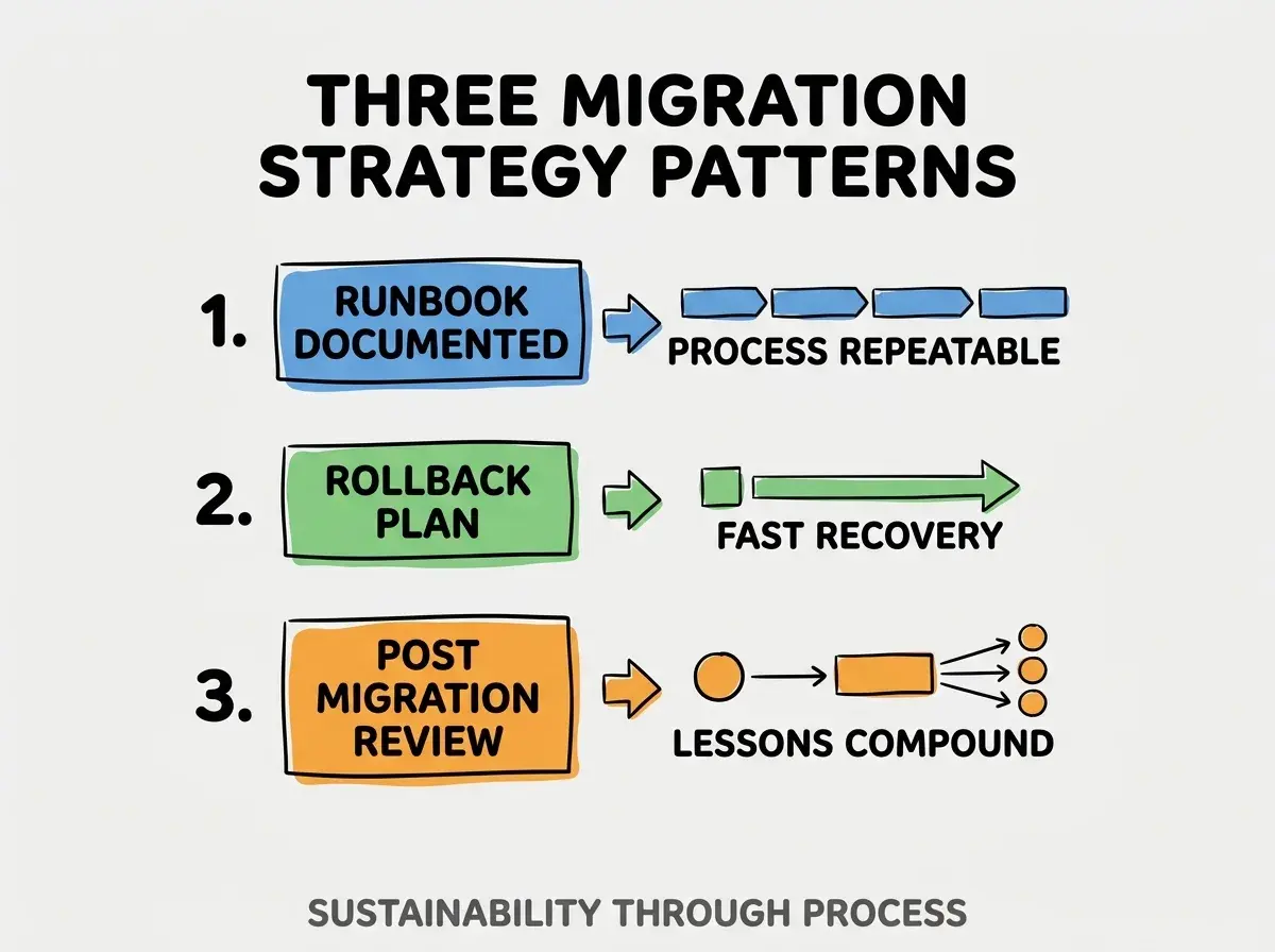 Clean modern flat infographic on light gray background. Top title bold black: THREE MIGRATION STRATEGY PATTERNS. Single vertical numbered list with three rows. Row 1 blue badge RUNBOOK DOCUMENTED with subtitle PROCESS REPEATABLE. Row 2 green badge ROLLBACK PLAN with subtitle FAST RECOVERY. Row 3 orange badge POST MIGRATION REVIEW with subtitle LESSONS COMPOUND. Footer text dark gray: SUSTAINABILITY THROUGH PROCESS. Each label appears exactly once. No duplicated text.