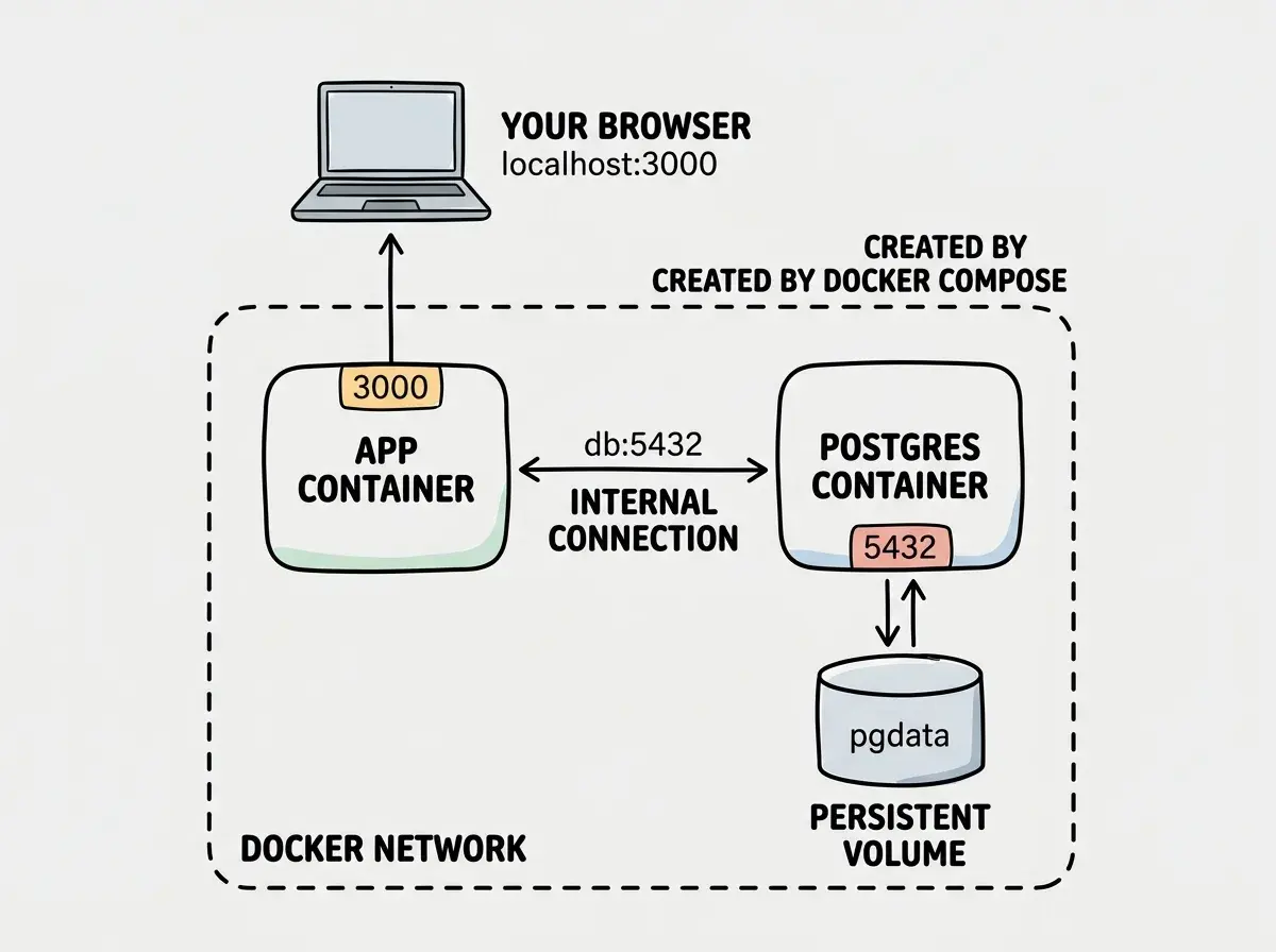 EXPLAINER DIAGRAM: A network diagram showing two rounded boxes inside a larger dashed border labeled DOCKER NETWORK. The left box is labeled APP CONTAINER and shows port 3000 with an arrow going up to a laptop icon labeled YOUR BROWSER at localhost:3000. The right box is labeled POSTGRES CONTAINER and shows port 5432. A horizontal double-arrow between the two containers is labeled db:5432 INTERNAL CONNECTION. Below the postgres container is a cylinder labeled PERSISTENT VOLUME with the text pgdata, connected by a vertical double-arrow. The dashed border has a label CREATED BY DOCKER COMPOSE. Outside the border, the laptop connects only to the app container, showing that the database is not directly exposed.