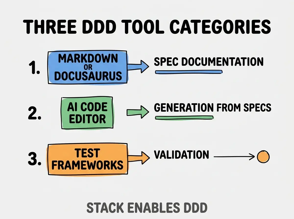 Clean modern flat infographic on light gray background. Top title bold black: THREE DDD TOOL CATEGORIES. Single vertical numbered list with three rows. Row 1 blue badge MARKDOWN OR DOCUSAURUS with subtitle SPEC DOCUMENTATION. Row 2 green badge AI CODE EDITOR with subtitle GENERATION FROM SPECS. Row 3 orange badge TEST FRAMEWORKS with subtitle VALIDATION. Footer text dark gray: STACK ENABLES DDD. Each label appears exactly once. No duplicated text.