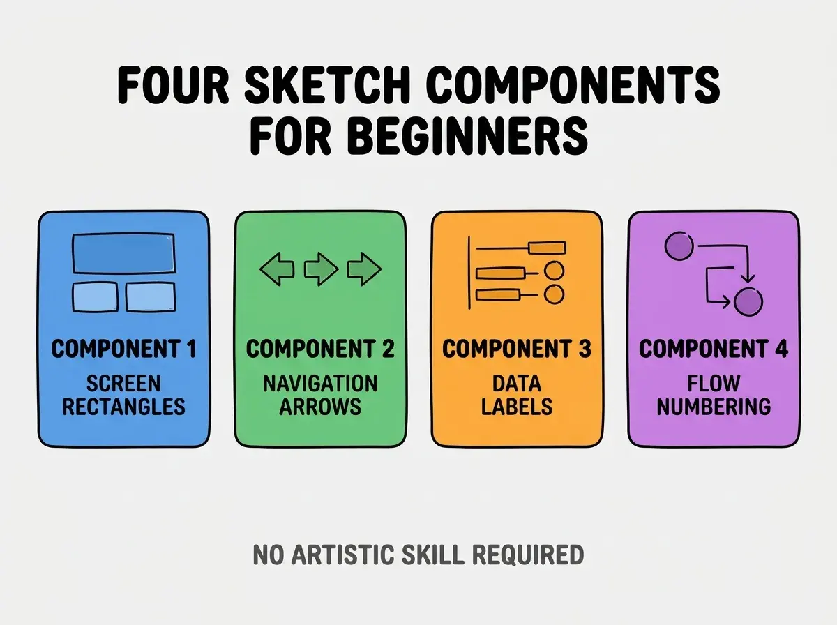 Clean modern flat infographic on light gray background. Top center bold black title text: FOUR SKETCH COMPONENTS FOR BEGINNERS. Below title, four equal sized colored rounded rectangle cards arranged horizontally. Card 1 blue: large bold text COMPONENT 1 then smaller text SCREEN RECTANGLES. Card 2 green: large bold text COMPONENT 2 then smaller text NAVIGATION ARROWS. Card 3 orange: large bold text COMPONENT 3 then smaller text DATA LABELS. Card 4 purple: large bold text COMPONENT 4 then smaller text FLOW NUMBERING. Single footer line below cards in dark gray text: NO ARTISTIC SKILL REQUIRED. Nothing else on canvas. No text outside cards or below cards.