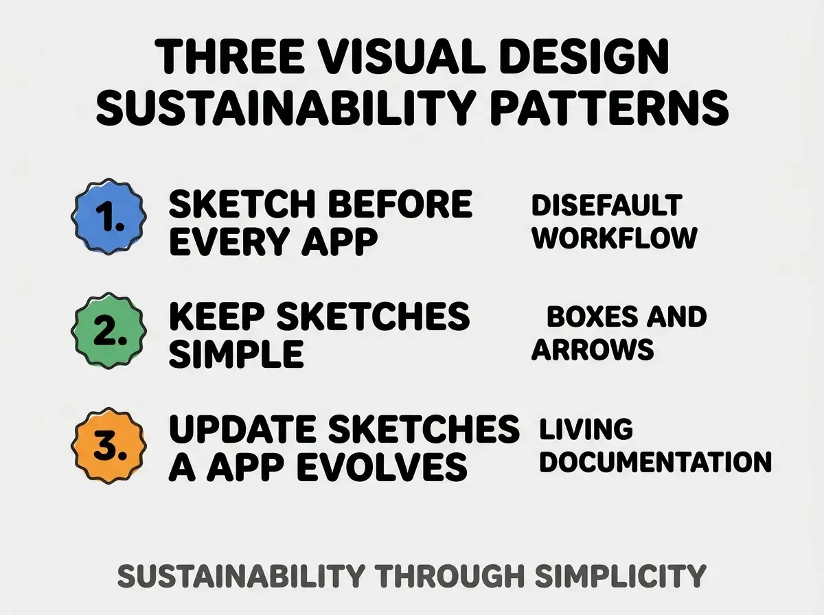Clean modern flat infographic on light gray background. Top title bold black: THREE VISUAL DESIGN SUSTAINABILITY PATTERNS. Single vertical numbered list with three rows. Row 1 blue badge SKETCH BEFORE EVERY APP with subtitle DEFAULT WORKFLOW. Row 2 green badge KEEP SKETCHES SIMPLE with subtitle BOXES AND ARROWS. Row 3 orange badge UPDATE SKETCHES AS APP EVOLVES with subtitle LIVING DOCUMENTATION. Footer text dark gray: SUSTAINABILITY THROUGH SIMPLICITY. Each label appears exactly once. No duplicated text.