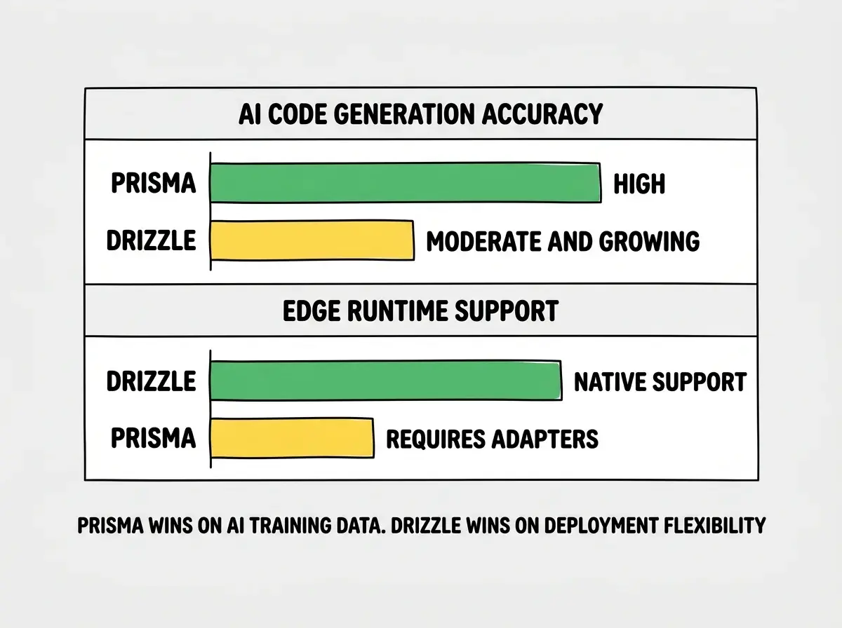 EXPLAINER DIAGRAM: A horizontal comparison chart on white background with two rows. Row 1 header reads AI CODE GENERATION ACCURACY. A horizontal bar chart shows PRISMA with a long green bar labeled HIGH and DRIZZLE with a shorter yellow bar labeled MODERATE AND GROWING. Row 2 header reads EDGE RUNTIME SUPPORT. A horizontal bar chart shows DRIZZLE with a long green bar labeled NATIVE SUPPORT and PRISMA with a shorter yellow bar labeled REQUIRES ADAPTERS. Below both rows, a summary line reads PRISMA WINS ON AI TRAINING DATA. DRIZZLE WINS ON DEPLOYMENT FLEXIBILITY.