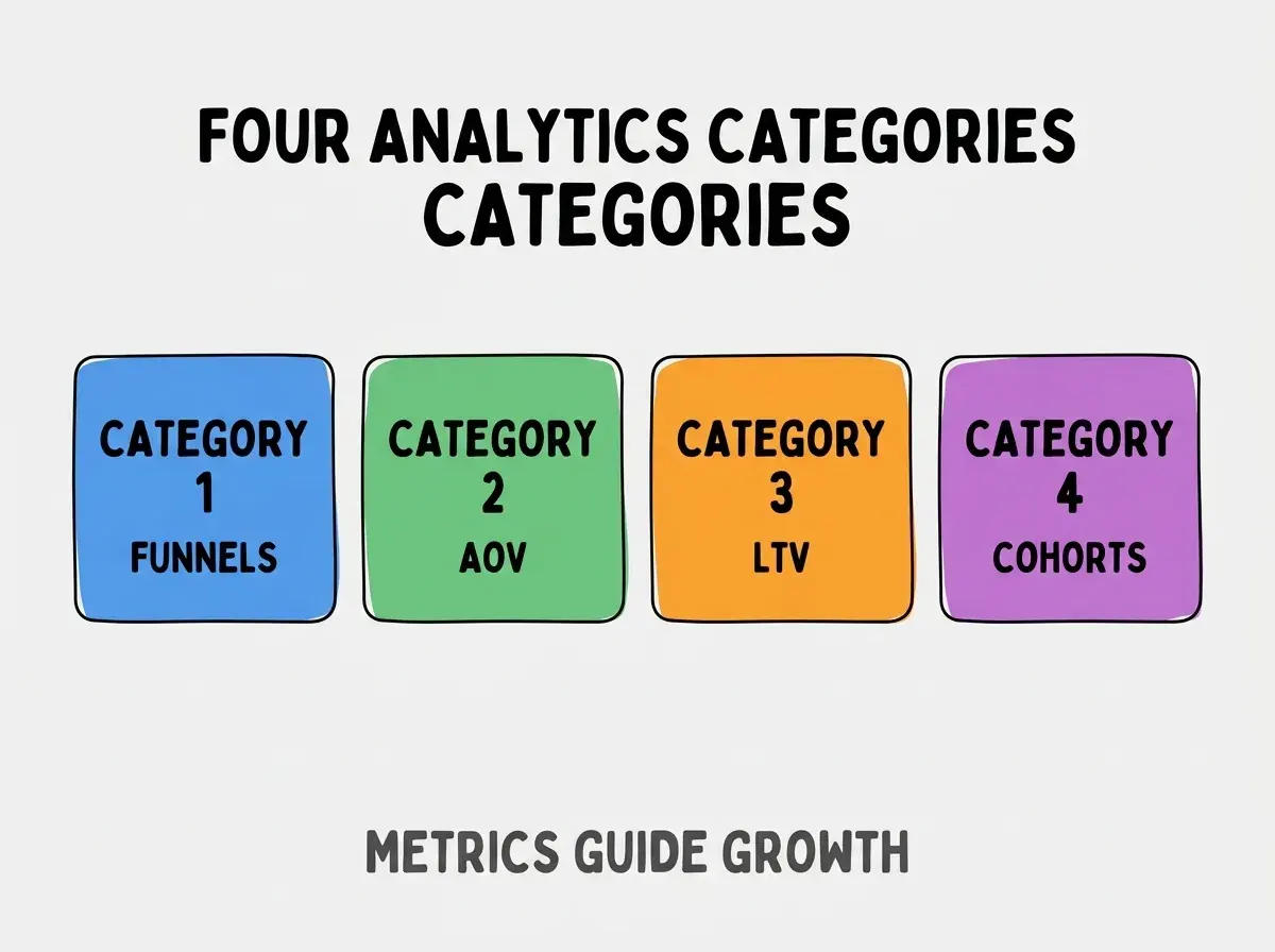 Clean modern flat infographic on light gray background. Top center bold black title text: FOUR ANALYTICS CATEGORIES. Below title, four equal sized colored rounded rectangle cards arranged horizontally. Card 1 blue: large bold text CATEGORY 1 then smaller text FUNNELS. Card 2 green: large bold text CATEGORY 2 then smaller text AOV. Card 3 orange: large bold text CATEGORY 3 then smaller text LTV. Card 4 purple: large bold text CATEGORY 4 then smaller text COHORTS. Single footer line below cards in dark gray text: METRICS GUIDE GROWTH. Nothing else on canvas. No text outside cards or below cards.