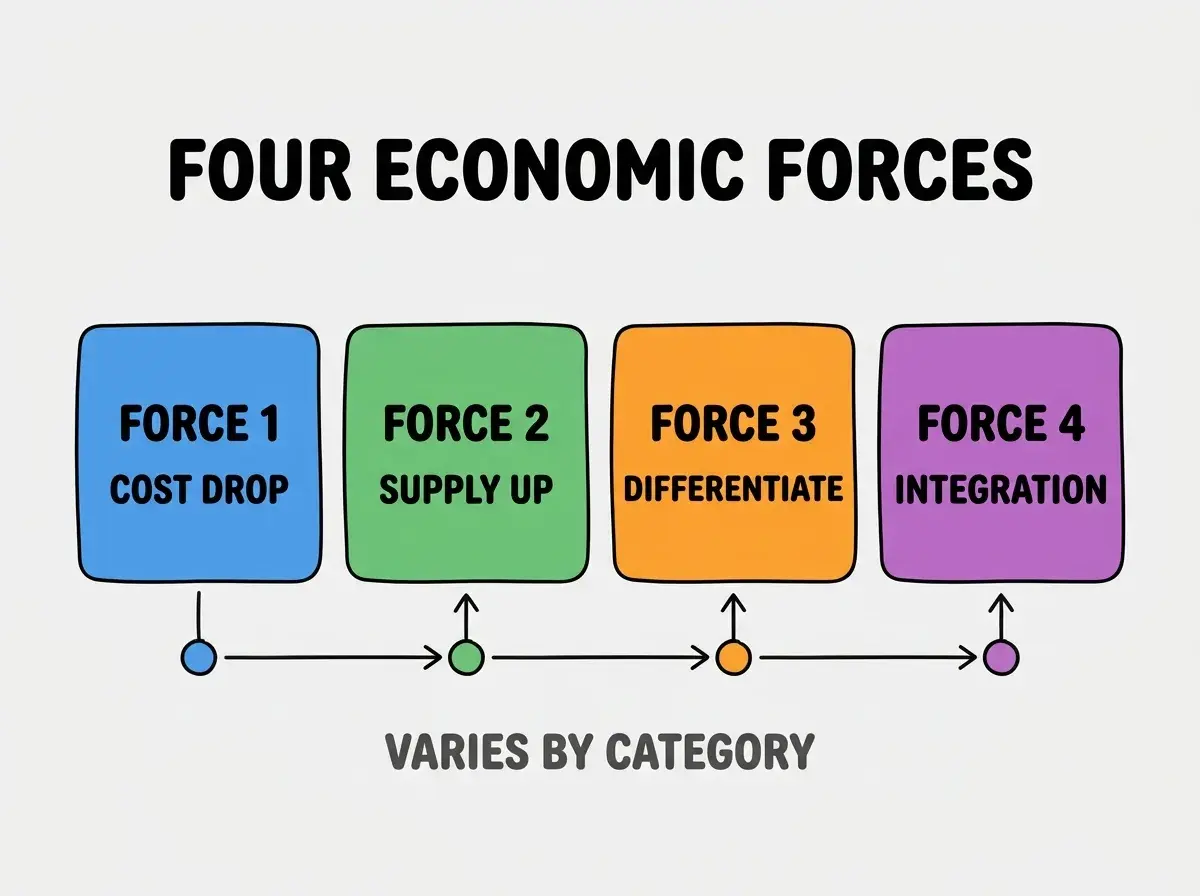 Clean modern flat infographic on light gray background. Top center bold black title text: FOUR ECONOMIC FORCES. Below title, four equal sized colored rounded rectangle cards arranged horizontally. Card 1 blue: large bold text FORCE 1 then smaller text COST REDUCTION. Card 2 green: large bold text FORCE 2 then smaller text SUPPLY EXPANSION. Card 3 orange: large bold text FORCE 3 then smaller text DIFFERENTIATION. Card 4 purple: large bold text FORCE 4 then smaller text INTEGRATION COSTS. Single footer line below cards in dark gray text: NET EFFECT VARIES BY CATEGORY. Nothing else on canvas. No text outside cards or below cards.