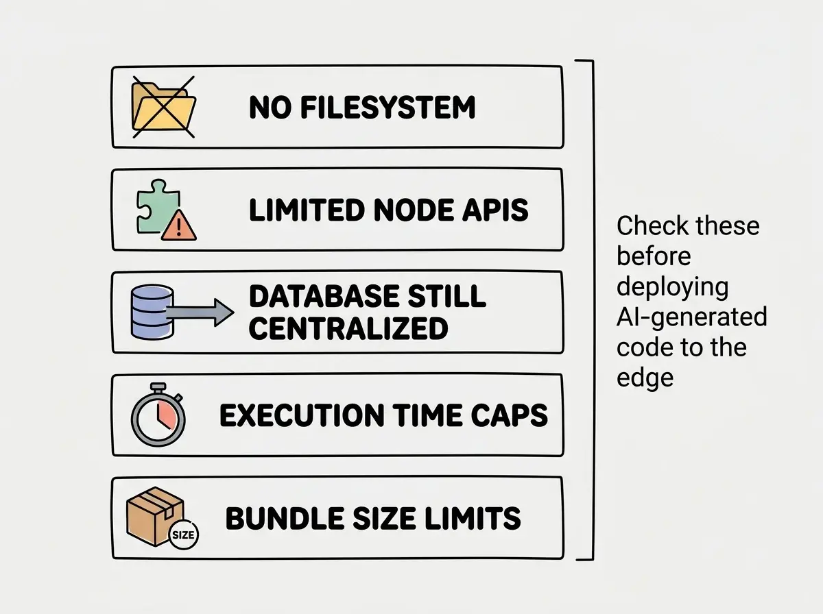 EXPLAINER DIAGRAM: A vertical list of five constraint boxes, each with an icon and a brief label. Box 1 shows a crossed-out folder icon labeled NO FILESYSTEM. Box 2 shows a puzzle piece with a warning triangle labeled LIMITED NODE APIS. Box 3 shows a database cylinder with a long arrow labeled DATABASE STILL CENTRALIZED. Box 4 shows a stopwatch labeled EXECUTION TIME CAPS. Box 5 shows a package box with a size indicator labeled BUNDLE SIZE LIMITS. To the right of the list, a sidebar note reads: Check these before deploying AI-generated code to the edge.