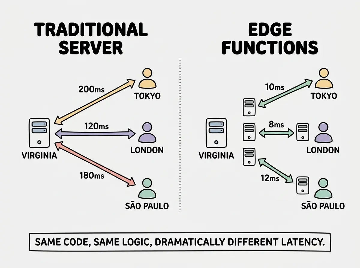 EXPLAINER DIAGRAM: A comparison showing two request flows side by side. Left side labeled TRADITIONAL SERVER shows a single server icon in Virginia with arrows stretching to user icons in Tokyo (200ms), London (120ms), and São Paulo (180ms). Right side labeled EDGE FUNCTIONS shows three small server icons placed near each city with arrows showing 10ms, 8ms, and 12ms respectively. A dotted line separates the two sides. Below both diagrams, a caption bar reads: Same code, same logic, dramatically different latency.