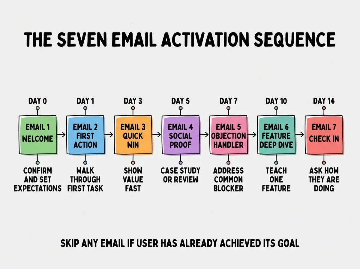 EXPLAINER DIAGRAM titled THE SEVEN EMAIL ACTIVATION SEQUENCE shown as a horizontal timeline on a slate background. Seven colored boxes connected by arrows, with timing labels above and content labels below. Email 1 GREEN labeled WELCOME at DAY 0, content CONFIRM AND SET EXPECTATIONS. Email 2 BLUE labeled FIRST ACTION at DAY 1, content WALK THROUGH FIRST TASK. Email 3 ORANGE labeled QUICK WIN at DAY 3, content SHOW VALUE FAST. Email 4 PURPLE labeled SOCIAL PROOF at DAY 5, content CASE STUDY OR REVIEW. Email 5 PINK labeled OBJECTION HANDLER at DAY 7, content ADDRESS COMMON BLOCKER. Email 6 TEAL labeled FEATURE DEEP DIVE at DAY 10, content TEACH ONE POWERFUL FEATURE. Email 7 RED labeled CHECK IN at DAY 14, content ASK HOW THEY ARE DOING. Footer reads SKIP ANY EMAIL IF THE USER HAS ALREADY ACHIEVED ITS GOAL.