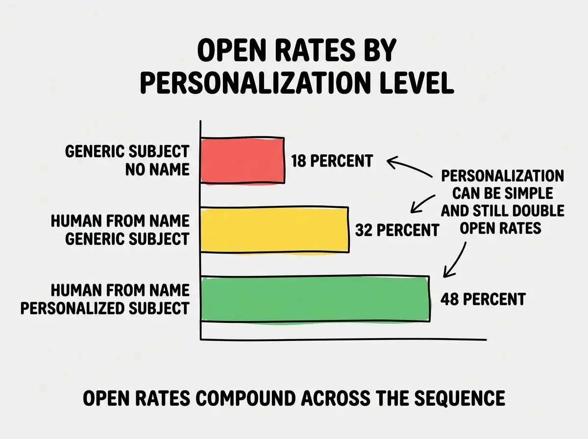 EXPLAINER DIAGRAM titled OPEN RATES BY PERSONALIZATION LEVEL shown as a horizontal bar chart on a slate background. Y axis lists three personalization levels. Top bar GENERIC SUBJECT NO NAME shows 18 PERCENT in red. Middle bar HUMAN FROM NAME GENERIC SUBJECT shows 32 PERCENT in yellow. Bottom bar HUMAN FROM NAME PERSONALIZED SUBJECT shows 48 PERCENT in green. A side annotation reads PERSONALIZATION CAN BE SIMPLE AND STILL DOUBLE OPEN RATES. Footer reads OPEN RATES COMPOUND ACROSS THE SEQUENCE.