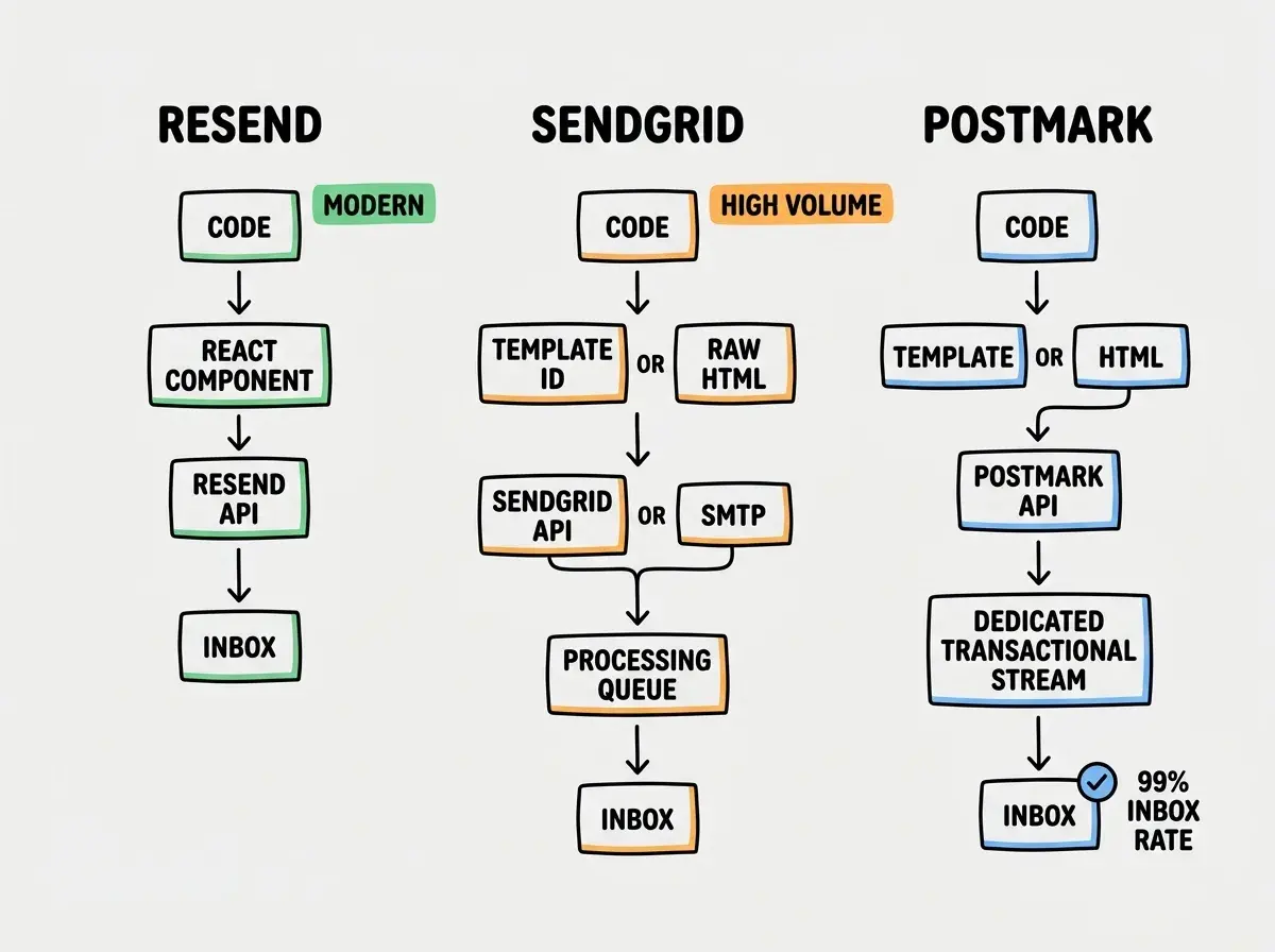 EXPLAINER DIAGRAM: A three-column comparison layout on white background showing email sending flows. Left column labeled RESEND shows a simplified flow: Code arrow to React Component arrow to Resend API arrow to Inbox, with a green MODERN label. Middle column labeled SENDGRID shows a longer flow: Code arrow to Template ID or Raw HTML arrow to SendGrid API or SMTP arrow to Processing Queue arrow to Inbox, with an orange HIGH VOLUME label. Right column labeled POSTMARK shows: Code arrow to Template or HTML arrow to Postmark API arrow to Dedicated Transactional Stream arrow to Inbox with a blue checkmark and 99% INBOX RATE label. Each flow uses simple box-and-arrow notation with minimal styling.