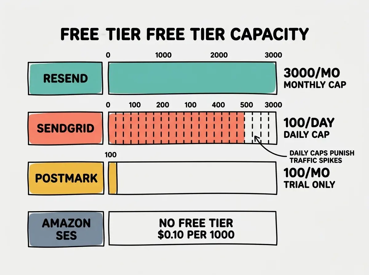 EXPLAINER DIAGRAM: Four horizontal bars on light gray background representing free tier capacity. Top bar labeled RESEND in teal, filled to 3000 mark with text 3000/MO MONTHLY CAP. Second bar labeled SENDGRID in coral, filled to same 3000 level but with dashed vertical lines every 100 showing daily segments, text reads 100/DAY DAILY CAP. Third bar labeled POSTMARK in golden yellow, barely filled to 100 mark with text 100/MO TRIAL ONLY. Bottom bar labeled AMAZON SES in slate gray, empty with text NO FREE TIER $0.10 PER 1000. A callout arrow points to the SendGrid bar's daily segments with note DAILY CAPS PUNISH TRAFFIC SPIKES.