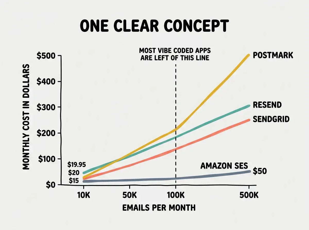 EXPLAINER DIAGRAM: A line chart on light gray background with X axis labeled EMAILS PER MONTH showing markers at 10K, 50K, 100K, and 500K. Y axis labeled MONTHLY COST in dollars from $0 to $500. Four lines plotted: AMAZON SES in slate gray nearly flat along bottom rising gently to $50 at 500K. SENDGRID in coral starting at $19.95 and rising to roughly $250 at 500K. RESEND in teal starting at $20 and rising to roughly $300 at 500K. POSTMARK in golden yellow starting at $15 and rising steeply to roughly $500 at 500K. A vertical dashed line at 100K labeled MOST VIBE CODED APPS ARE LEFT OF THIS LINE.