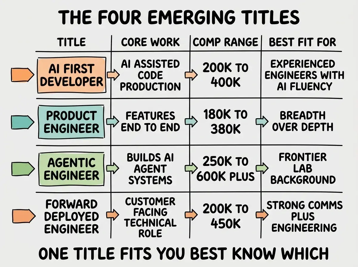 EXPLAINER DIAGRAM titled THE FOUR EMERGING TITLES shown as a four row table on a slate background. Columns TITLE, CORE WORK, COMP RANGE, BEST FIT FOR. Row 1 TITLE AI FIRST DEVELOPER, CORE WORK AI ASSISTED CODE PRODUCTION, COMP 200K TO 400K, FIT EXPERIENCED ENGINEERS WITH AI FLUENCY. Row 2 TITLE PRODUCT ENGINEER, CORE WORK FEATURES END TO END, COMP 180K TO 380K, FIT BREADTH OVER DEPTH. Row 3 TITLE AGENTIC ENGINEER, CORE WORK BUILDS AI AGENT SYSTEMS, COMP 250K TO 600K PLUS, FIT FRONTIER LAB BACKGROUND. Row 4 TITLE FORWARD DEPLOYED ENGINEER, CORE WORK CUSTOMER FACING TECHNICAL ROLE, COMP 200K TO 450K, FIT STRONG COMMS PLUS ENGINEERING. Each row has a colored indicator. Footer reads ONE TITLE FITS YOU BEST KNOW WHICH ONE.