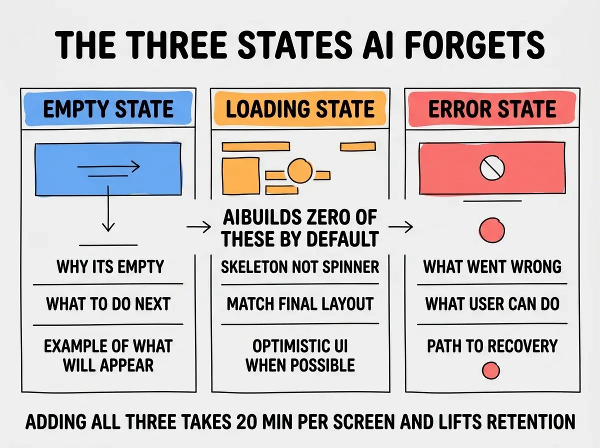 EXPLAINER DIAGRAM titled THE THREE STATES AI FORGETS shown as a horizontal three-panel layout on a slate background. Panel 1 colored blue labeled EMPTY STATE with subtext WHY ITS EMPTY, WHAT TO DO NEXT, EXAMPLE OF WHAT WILL APPEAR. Panel 2 colored orange labeled LOADING STATE with subtext SKELETON NOT SPINNER, MATCH FINAL LAYOUT, OPTIMISTIC UI WHEN POSSIBLE. Panel 3 colored red labeled ERROR STATE with subtext WHAT WENT WRONG, WHAT USER CAN DO, PATH TO RECOVERY. Center divider has bold text reading AI BUILDS ZERO OF THESE BY DEFAULT. Footer reads ADDING ALL THREE TAKES 20 MIN PER SCREEN AND LIFTS RETENTION 12 PERCENT.
