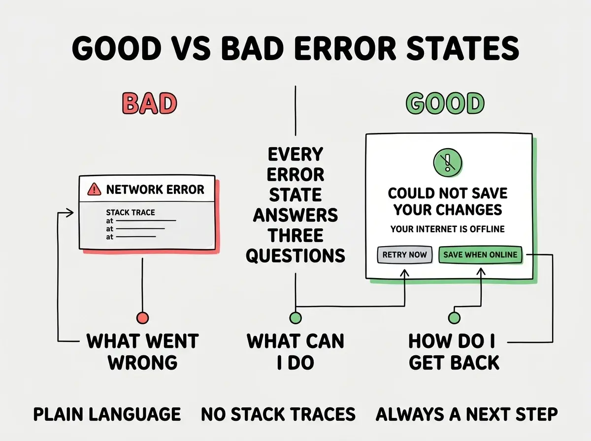 EXPLAINER DIAGRAM titled GOOD VS BAD ERROR STATES shown as a horizontal split panel on a slate background. Left panel header BAD in red with text label NETWORK ERROR shown as a screenshot mockup of a simple alert box with stack trace. Right panel header GOOD in green with a stylized error UI mockup showing icon, headline COULD NOT SAVE YOUR CHANGES, subtext YOUR INTERNET IS OFFLINE, two buttons RETRY NOW and SAVE WHEN ONLINE. Center divider has text reading EVERY ERROR STATE ANSWERS THREE QUESTIONS. Bottom three labels WHAT WENT WRONG, WHAT CAN I DO, HOW DO I GET BACK. Footer reads PLAIN LANGUAGE, NO STACK TRACES, ALWAYS A NEXT STEP.