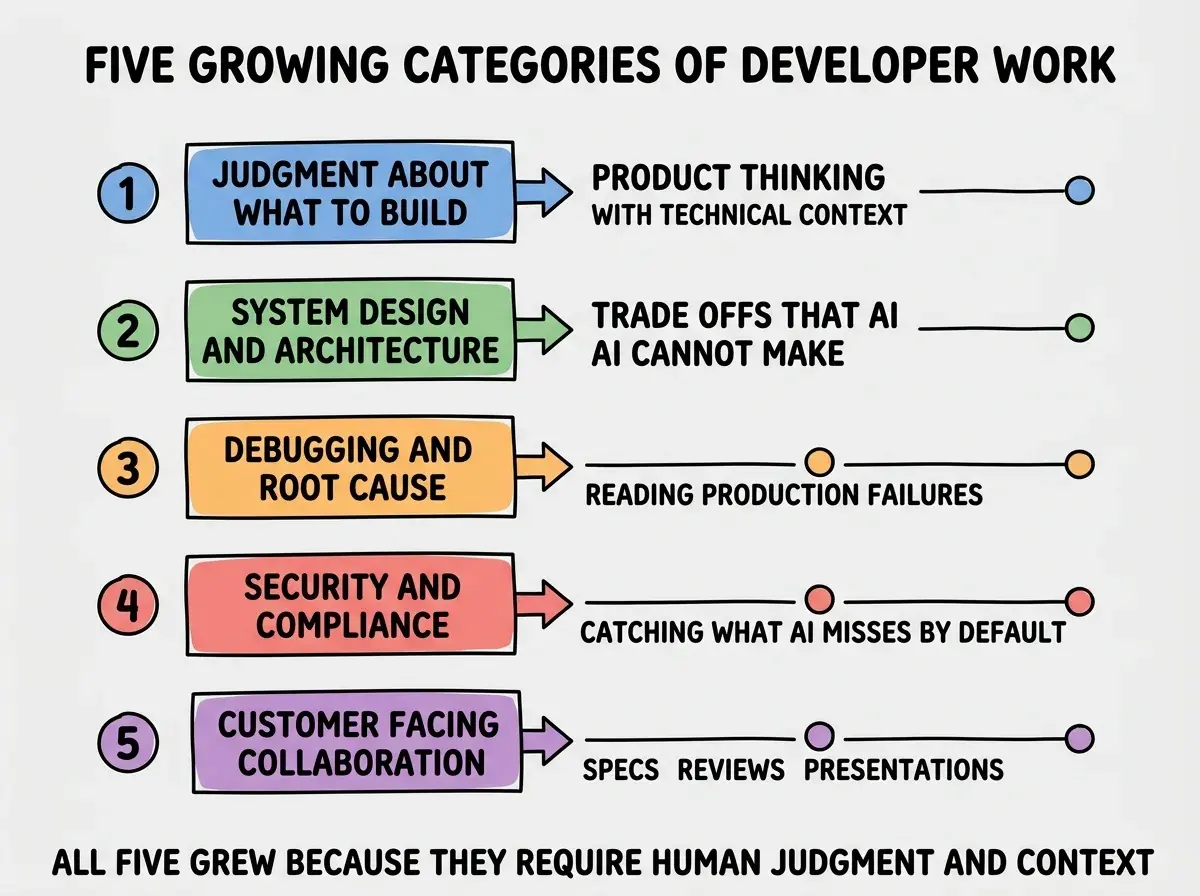 EXPLAINER DIAGRAM titled FIVE GROWING CATEGORIES OF DEVELOPER WORK shown as a vertical numbered list on a slate background. Five rows. Row 1 blue badge JUDGMENT ABOUT WHAT TO BUILD sublabel PRODUCT THINKING WITH TECHNICAL CONTEXT. Row 2 green badge SYSTEM DESIGN AND ARCHITECTURE sublabel TRADE OFFS THAT AI CANNOT MAKE. Row 3 orange badge DEBUGGING AND ROOT CAUSE sublabel READING PRODUCTION FAILURES. Row 4 red badge SECURITY AND COMPLIANCE sublabel CATCHING WHAT AI MISSES BY DEFAULT. Row 5 purple badge CUSTOMER FACING COLLABORATION sublabel SPECS REVIEWS PRESENTATIONS. Footer reads ALL FIVE GREW BECAUSE THEY REQUIRE HUMAN JUDGMENT AND CONTEXT.