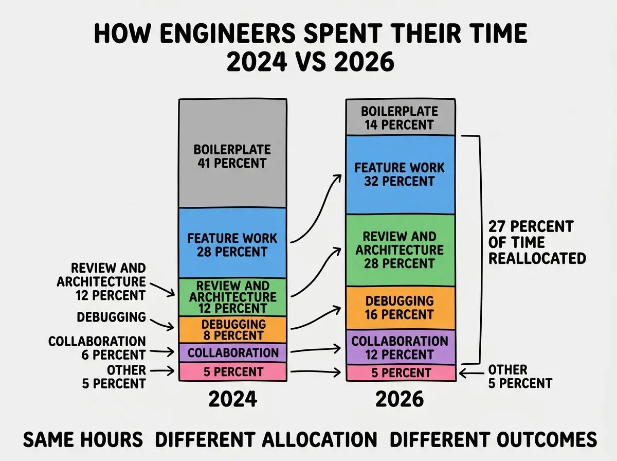 EXPLAINER DIAGRAM titled HOW ENGINEERS SPENT THEIR TIME 2024 VS 2026 shown as two stacked vertical bars side by side on a slate background. Left bar labeled 2024 has stacked segments: BOILERPLATE 41 PERCENT in gray, FEATURE WORK 28 PERCENT in blue, REVIEW AND ARCHITECTURE 12 PERCENT in green, DEBUGGING 8 PERCENT in orange, COLLABORATION 6 PERCENT in purple, OTHER 5 PERCENT in pink. Right bar labeled 2026 has stacked segments: BOILERPLATE 14 PERCENT in gray (smaller), FEATURE WORK 32 PERCENT in blue, REVIEW AND ARCHITECTURE 28 PERCENT in green (much larger), DEBUGGING 16 PERCENT in orange (larger), COLLABORATION 12 PERCENT in purple (larger), OTHER 5 PERCENT in pink. Right side label reads 27 PERCENT OF TIME REALLOCATED FROM BOILERPLATE TO HIGHER VALUE WORK. Footer reads SAME HOURS DIFFERENT ALLOCATION DIFFERENT OUTCOMES.