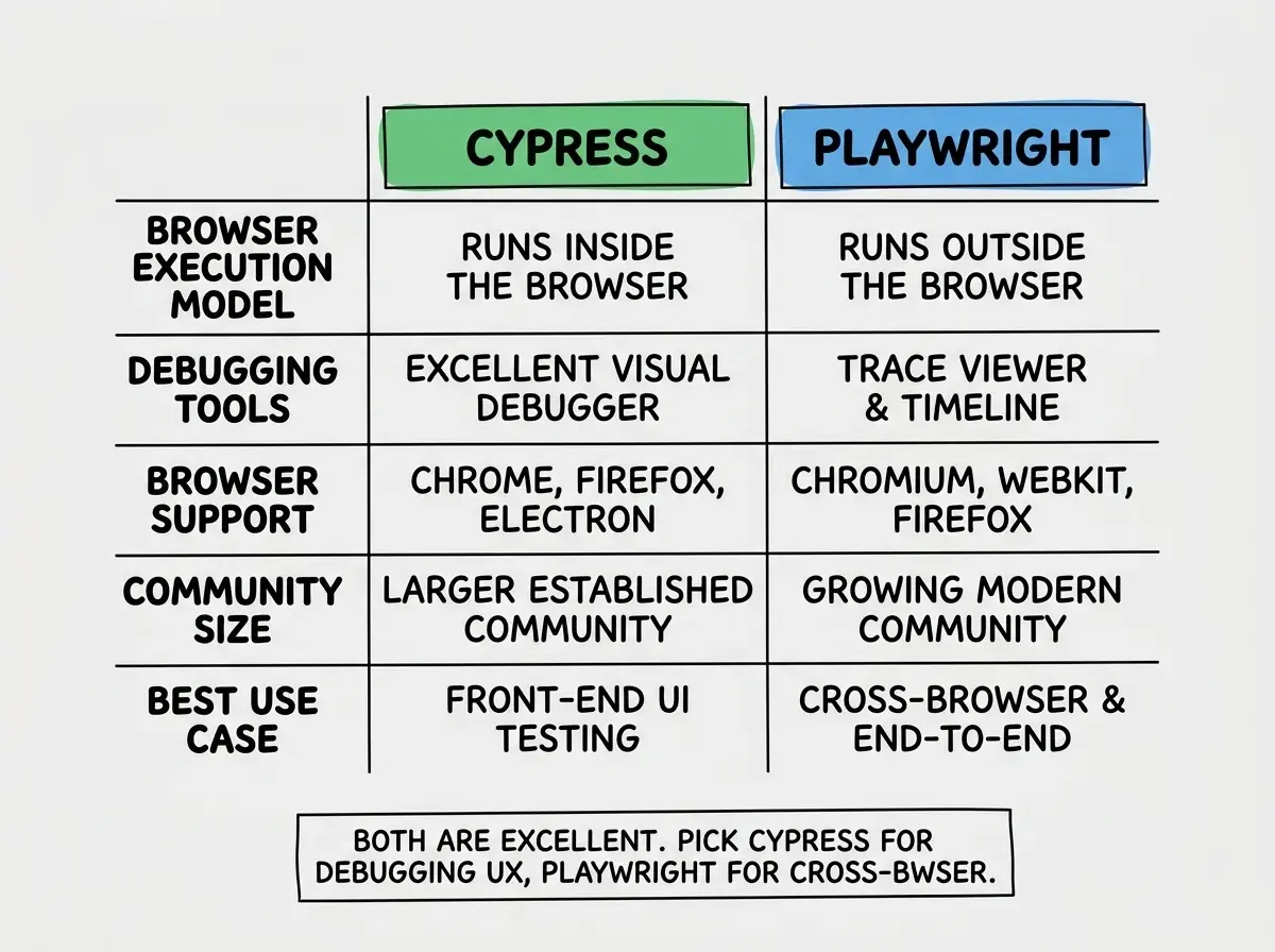 EXPLAINER DIAGRAM: Two-column comparison between Cypress and Playwright. Left column header reads CYPRESS with a green background. Rows: Runs inside the browser (checkmark), Visual time-travel debugger (checkmark), Chromium plus partial Firefox (note), Large community and docs (checkmark), Best for teams new to E2E testing (checkmark). Right column header reads PLAYWRIGHT with a blue background. Rows: Runs outside the browser (note), Trace viewer for debugging (checkmark), Chromium plus Firefox plus WebKit (checkmark), Growing community (checkmark), Best for cross-browser coverage (checkmark). Bottom annotation reads Both are excellent choices. Pick Cypress if debugging UX matters. Pick Playwright for cross-browser requirements.