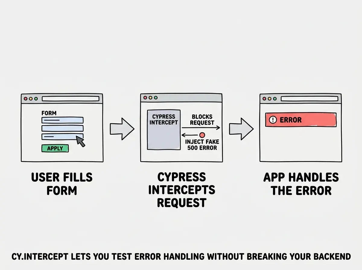 EXPLAINER DIAGRAM: A three-panel sequence showing a Cypress test intercepting an API call. Panel one shows a browser with a form being filled, labeled USER FILLS FORM. Panel two shows a Cypress intercept command blocking the network request and replacing it with a fake 500 error response, labeled CYPRESS INTERCEPTS REQUEST with an arrow showing the real API being bypassed and a fake error response being injected. Panel three shows the browser displaying a red error banner reading Something went wrong, labeled APP HANDLES THE ERROR. Caption at bottom reads cy.intercept lets you test error handling without breaking your backend.