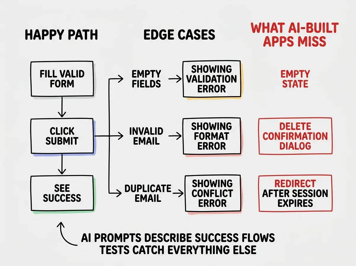 EXPLAINER DIAGRAM: A flowchart showing three columns labeled HAPPY PATH, EDGE CASES, and WHAT AI-BUILT APPS MISS. The happy path column shows: fill valid form, click submit, see success. The edge cases column shows branching paths for empty fields showing validation error, invalid email showing format error, duplicate email showing conflict error. The what AI-built apps miss column highlights with red borders: empty state when no records exist, delete confirmation dialog that blocks accidental deletes, redirect after session expires. An annotation reads AI prompts describe success flows. Tests catch everything else.