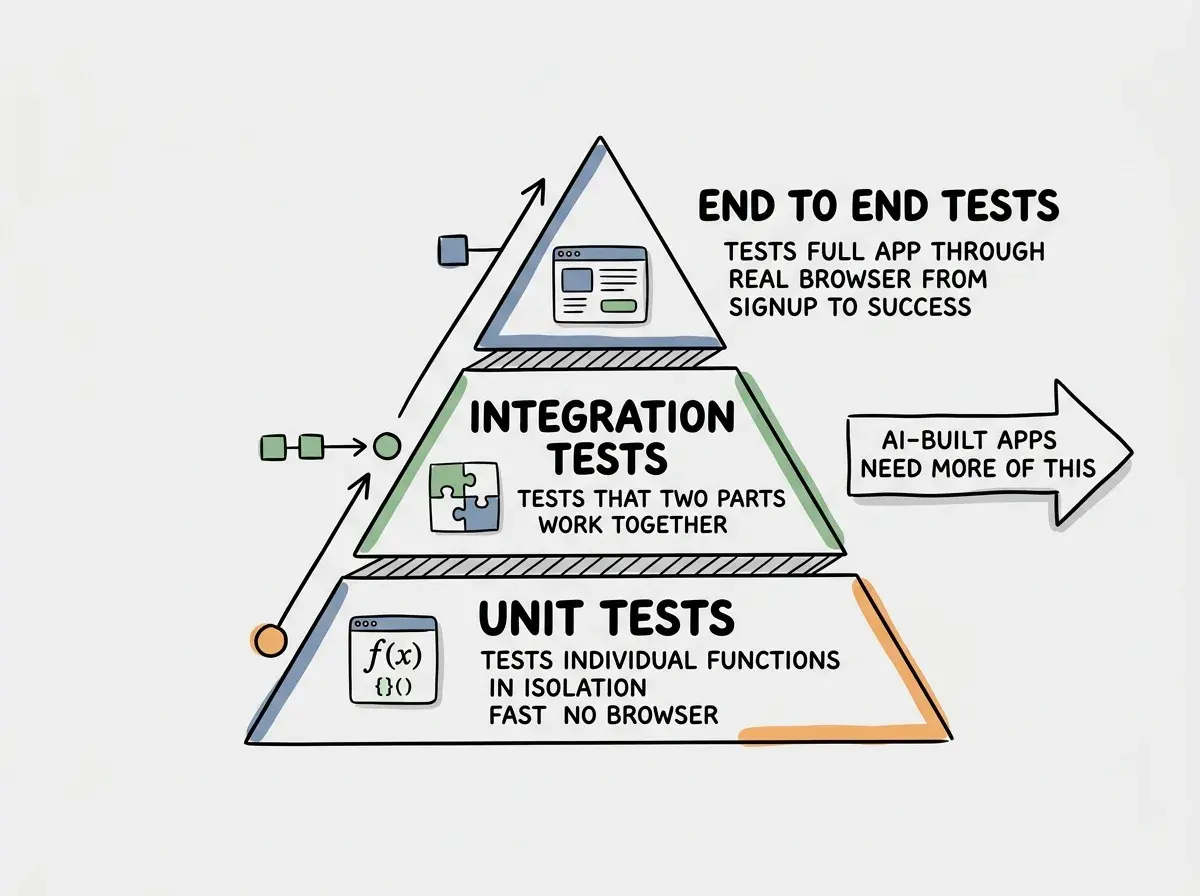 EXPLAINER DIAGRAM: A pyramid divided into three horizontal layers. The bottom layer, largest, is labeled UNIT TESTS with a description reading Tests individual functions in isolation, fast, no browser. The middle layer is labeled INTEGRATION TESTS with a description reading Tests that two parts of the system work together. The top layer, smallest, is labeled END TO END TESTS with a description reading Tests the full app through a real browser from signup to success. An arrow on the right side reads AI-built apps need more of this. Each layer has a small icon: a function symbol for unit, two puzzle pieces for integration, and a browser window for end to end.