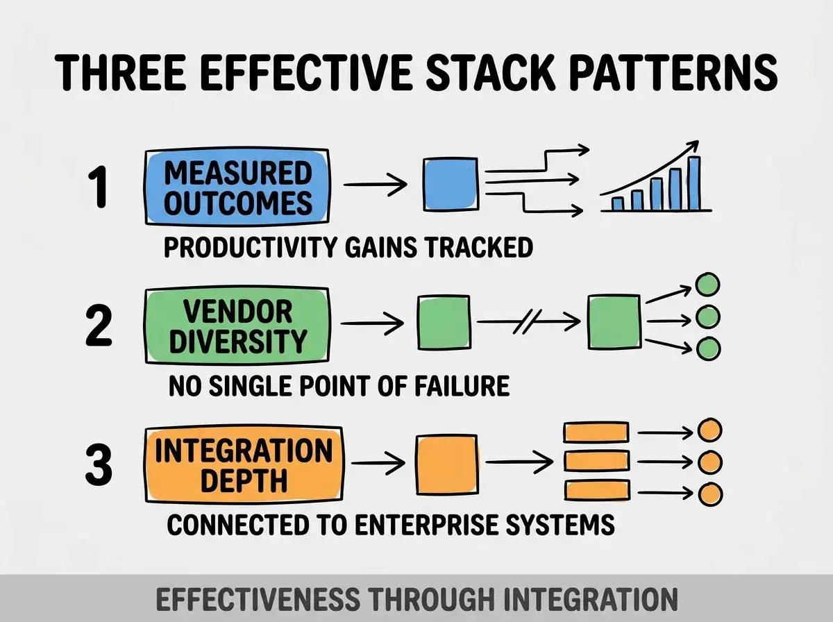 Clean modern flat infographic on light gray background. Top title bold black: THREE EFFECTIVE STACK PATTERNS. Single vertical numbered list with three rows. Row 1 blue badge MEASURED OUTCOMES with subtitle PRODUCTIVITY GAINS TRACKED. Row 2 green badge VENDOR DIVERSITY with subtitle NO SINGLE POINT OF FAILURE. Row 3 orange badge INTEGRATION DEPTH with subtitle CONNECTED TO ENTERPRISE SYSTEMS. Footer text dark gray: EFFECTIVENESS THROUGH INTEGRATION. Each label appears exactly once. No duplicated text.