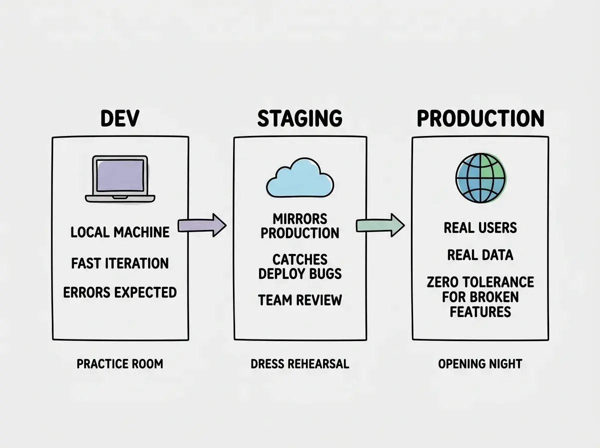 EXPLAINER DIAGRAM: Three columns showing the environment progression from left to right. Left column labeled DEV shows a laptop icon with text reading local machine, fast iteration, errors expected. Middle column labeled STAGING shows a cloud icon with text reading mirrors production, catches deploy bugs, team review. Right column labeled PRODUCTION shows a globe icon with text reading real users, real data, zero tolerance for broken features. Arrows connect left to middle to right. Below each column a small label reads practice room, dress rehearsal, and opening night respectively.