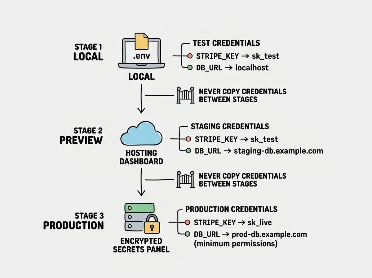 EXPLAINER DIAGRAM: A vertical flowchart showing a deployment pipeline with three stages. Stage 1 labeled LOCAL shows a laptop icon with a .env file, listing test credentials: STRIPE_KEY is sk_test and DB_URL points to localhost. Stage 2 labeled PREVIEW shows a cloud icon with a hosting dashboard, listing staging credentials: STRIPE_KEY is sk_test and DB_URL points to staging-db.example.com. Stage 3 labeled PRODUCTION shows a locked server icon with an encrypted secrets panel, listing production credentials: STRIPE_KEY is sk_live and DB_URL points to prod-db.example.com with minimum permissions noted. Arrows flow downward between stages with a gate icon between each, labeled NEVER COPY CREDENTIALS BETWEEN STAGES.