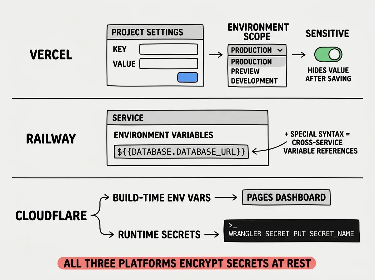 EXPLAINER DIAGRAM: A three-row comparison table showing how secrets are stored across three platforms. Row 1 labeled VERCEL shows a project settings panel with fields for key and value, a dropdown for environment scope showing Production, Preview, and Development, and a toggle labeled Sensitive that hides the value after saving. Row 2 labeled RAILWAY shows a service panel with environment variables and a special syntax example reading ${{database.DATABASE_URL}} demonstrating cross-service variable references. Row 3 labeled CLOUDFLARE shows two separate paths: one for build-time env vars entered in the Pages dashboard, and one for runtime secrets entered via a terminal command reading wrangler secret put SECRET_NAME. A red warning banner across the bottom reads ALL THREE PLATFORMS ENCRYPT SECRETS AT REST.