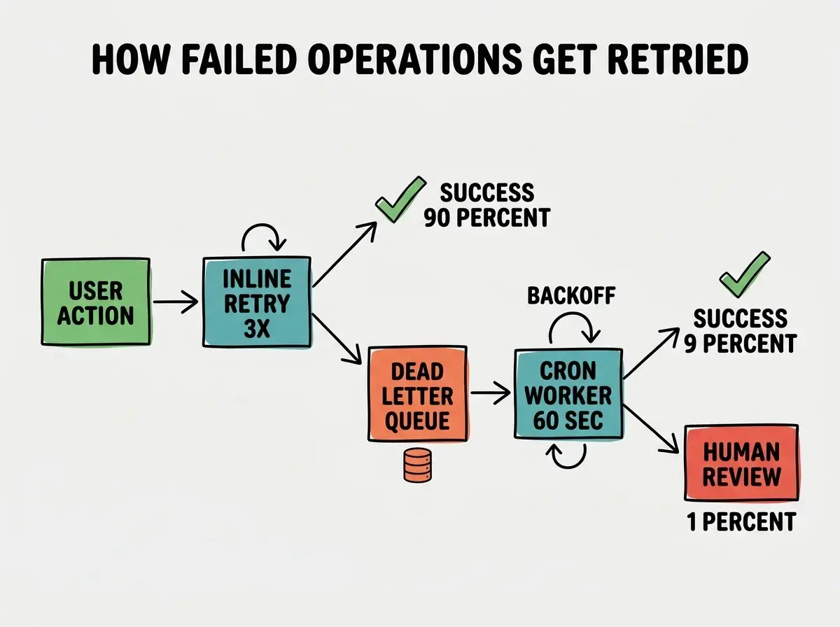 EXPLAINER DIAGRAM titled HOW FAILED OPERATIONS GET RETRIED showing a left to right flow on a slate background. Far left shows a green box labeled USER ACTION with an arrow pointing right. The arrow leads to a teal box labeled INLINE RETRY 3X with a small loop arrow. From INLINE RETRY two arrows split, one going up to a green checkmark labeled SUCCESS with a label reading 90 PERCENT OF CALLS, the other going down to an orange box labeled DEAD LETTER QUEUE with a database icon. The DEAD LETTER QUEUE has an arrow pointing right to a teal box labeled CRON WORKER EVERY 60S which has another loop arrow labeled BACKOFF EXPONENTIAL. From the CRON WORKER two arrows split, one to a green checkmark labeled SUCCESS labeled 9 PERCENT OF CALLS, the other to a red box labeled HUMAN REVIEW labeled 1 PERCENT OF CALLS. A footer reads ALMOST EVERY OPERATION SUCCEEDS, BUT THE 1 PERCENT IS WHERE TRUST IS LOST OR KEPT.