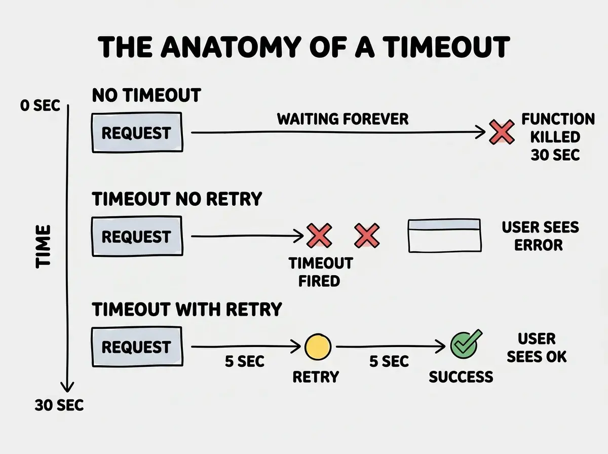 EXPLAINER DIAGRAM titled THE ANATOMY OF A TIMEOUT showing a horizontal timeline on a slate background with three rows for three scenarios. Top row labeled NO TIMEOUT shows a request box on the left, a long thin line stretching across the entire timeline with a label reading WAITING FOREVER, ending in a red X labeled FUNCTION KILLED AT 30 SECONDS. Middle row labeled TIMEOUT NO RETRY shows the same request, a shorter line ending at a red X at the 5 second mark labeled TIMEOUT FIRED, then a small box labeled USER SEES ERROR. Bottom row labeled TIMEOUT WITH RETRY shows the request, a 5 second line ending in a yellow circle labeled RETRY, then another 5 second line ending in a green check labeled SUCCESS, ending in a box labeled USER SEES OK. A vertical scale on the left labeled TIME runs from 0 SECONDS at the top to 30 SECONDS at the bottom. A footer reads SET TIMEOUTS BEFORE YOU NEED THEM.