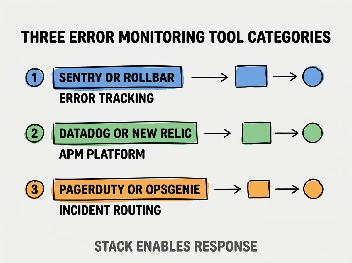 Clean modern flat infographic on light gray background. Top title bold black: THREE ERROR MONITORING TOOL CATEGORIES. Single vertical numbered list with three rows. Row 1 blue badge SENTRY OR ROLLBAR with subtitle ERROR TRACKING. Row 2 green badge DATADOG OR NEW RELIC with subtitle APM PLATFORM. Row 3 orange badge PAGERDUTY OR OPSGENIE with subtitle INCIDENT ROUTING. Footer text dark gray: STACK ENABLES RESPONSE. Each label appears exactly once. No duplicated text.