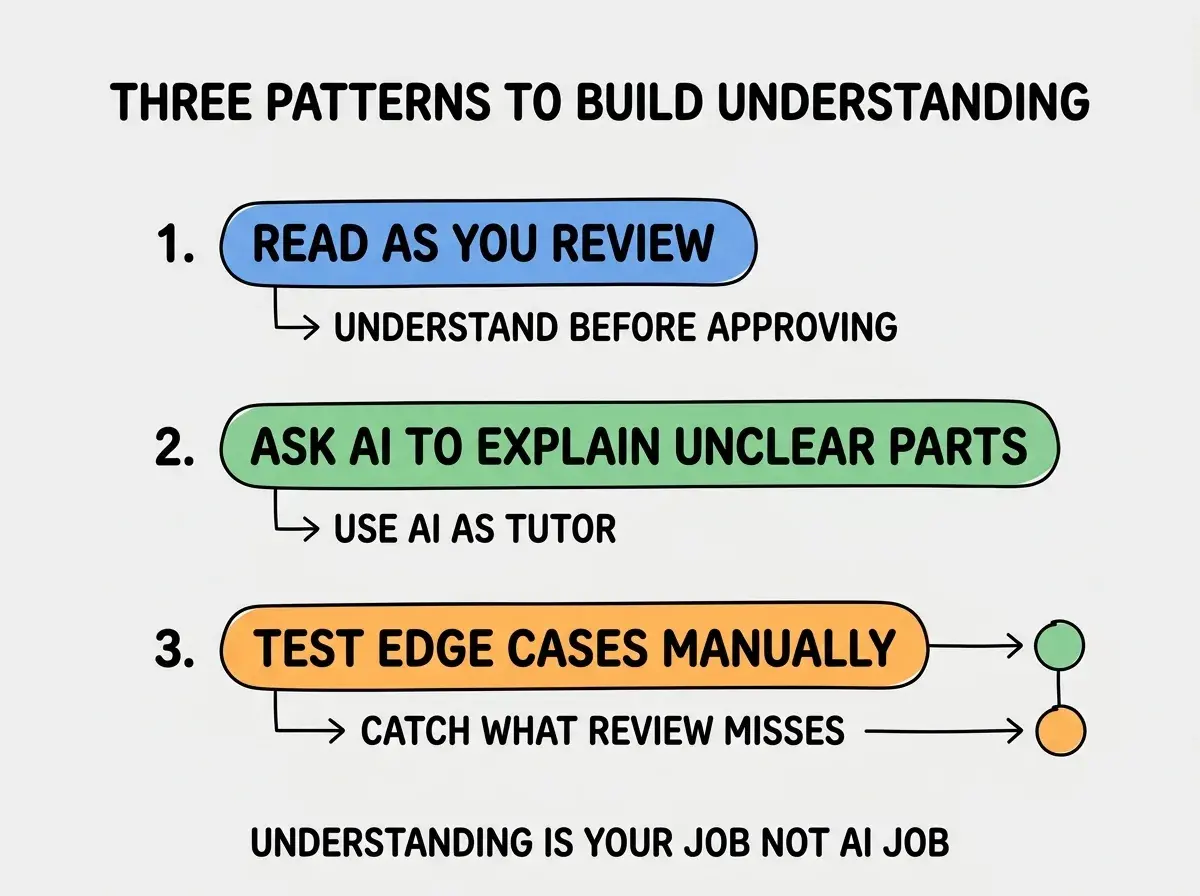 EXPLAINER DIAGRAM titled THREE PATTERNS TO BUILD UNDERSTANDING shown as a vertical numbered list on a slate background. Three rows. Row 1 blue badge READ AS YOU REVIEW sublabel UNDERSTAND BEFORE APPROVING. Row 2 green badge ASK AI TO EXPLAIN UNCLEAR PARTS sublabel USE AI AS TUTOR. Row 3 orange badge TEST EDGE CASES MANUALLY sublabel CATCH WHAT REVIEW MISSES. Footer reads UNDERSTANDING IS YOUR JOB NOT AI JOB.