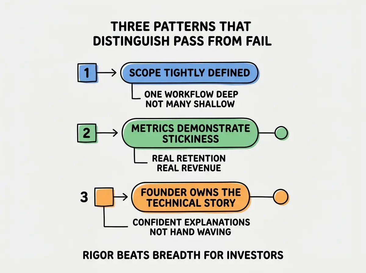 EXPLAINER DIAGRAM titled THREE PATTERNS THAT DISTINGUISH PASS FROM FAIL shown as a vertical numbered list on a slate background. Three rows. Row 1 blue badge SCOPE TIGHTLY DEFINED sublabel ONE WORKFLOW DEEP NOT MANY SHALLOW. Row 2 green badge METRICS DEMONSTRATE STICKINESS sublabel REAL RETENTION REAL REVENUE. Row 3 orange badge FOUNDER OWNS THE TECHNICAL STORY sublabel CONFIDENT EXPLANATIONS NOT HAND WAVING. Footer reads RIGOR BEATS BREADTH FOR INVESTORS.