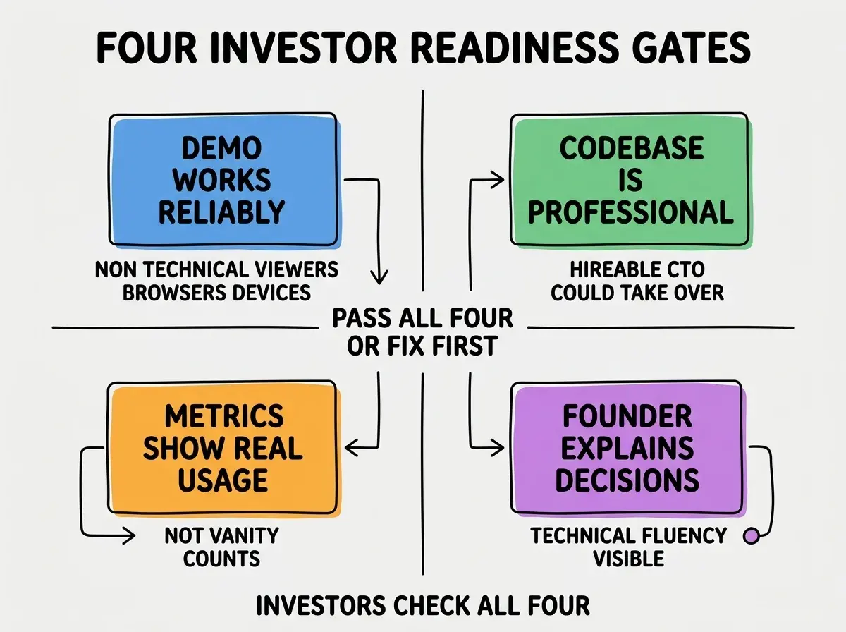 EXPLAINER DIAGRAM titled FOUR INVESTOR READINESS GATES shown as a 2x2 grid of quadrants on a slate background. Top left blue DEMO WORKS RELIABLY sublabel NON TECHNICAL VIEWERS BROWSERS DEVICES. Top right green CODEBASE IS PROFESSIONAL sublabel HIREABLE CTO COULD TAKE OVER. Bottom left orange METRICS SHOW REAL USAGE sublabel NOT VANITY COUNTS. Bottom right purple FOUNDER EXPLAINS DECISIONS sublabel TECHNICAL FLUENCY VISIBLE. Center label PASS ALL FOUR OR FIX FIRST. Footer reads INVESTORS CHECK ALL FOUR.