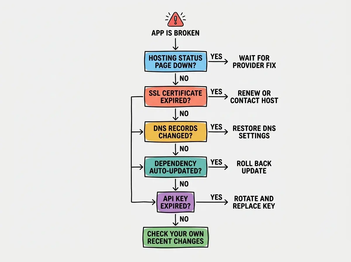 EXPLAINER DIAGRAM: A vertical flowchart showing the overnight troubleshooting sequence. At the top, a red alert icon with text APP IS BROKEN. Below it, five decision boxes connected by arrows, each with a YES path leading right to a resolution and a NO path leading down to the next check. Box 1 in sky blue: HOSTING STATUS PAGE DOWN? with YES arrow to WAIT FOR PROVIDER FIX. Box 2 in coral: SSL CERTIFICATE EXPIRED? with YES arrow to RENEW OR CONTACT HOST. Box 3 in golden yellow: DNS RECORDS CHANGED? with YES arrow to RESTORE DNS SETTINGS. Box 4 in teal: DEPENDENCY AUTO-UPDATED? with YES arrow to ROLL BACK UPDATE. Box 5 in purple: API KEY EXPIRED? with YES arrow to ROTATE AND REPLACE KEY. At the bottom after all NO paths, a green box: CHECK YOUR OWN RECENT CHANGES.