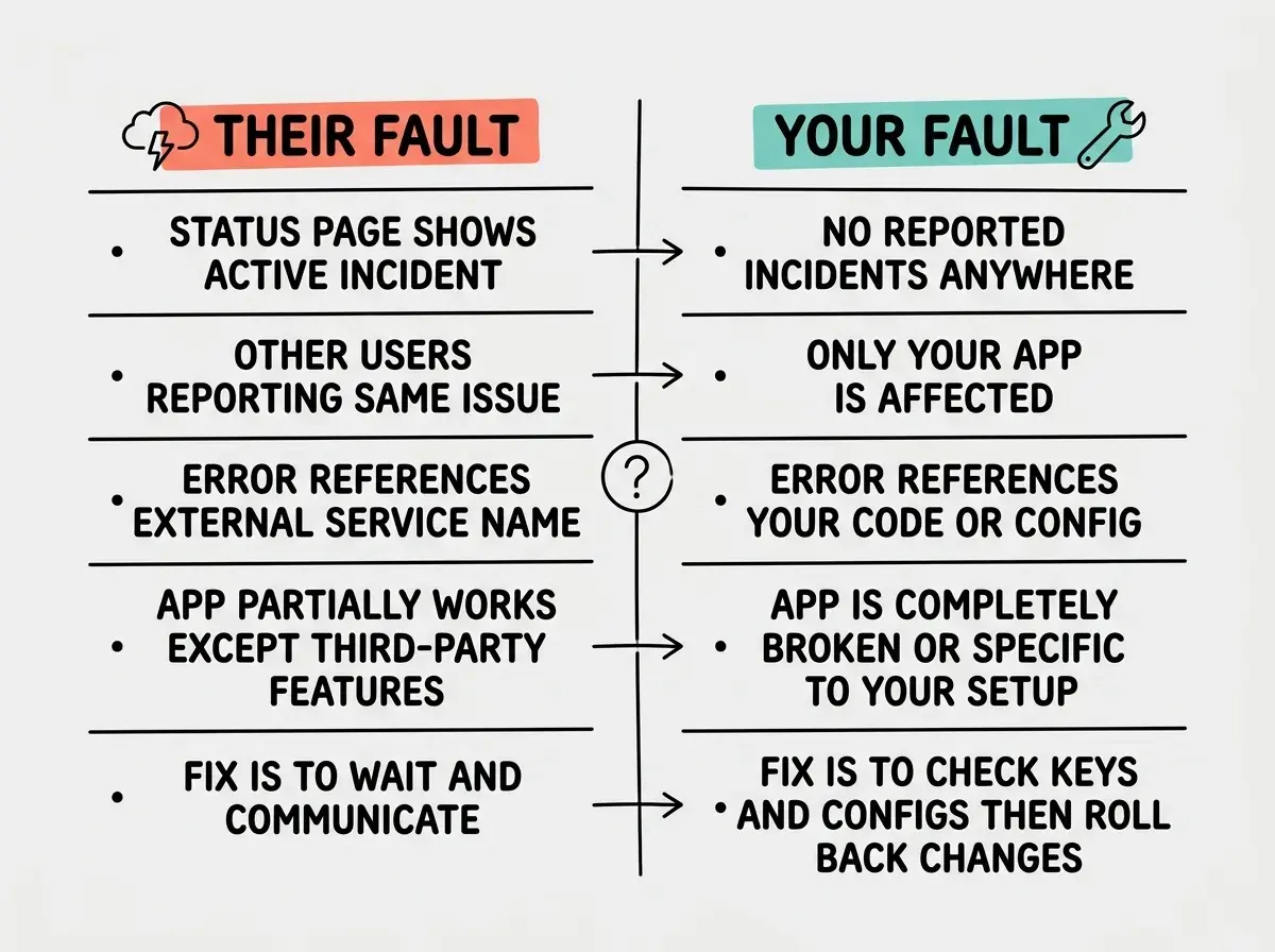 EXPLAINER DIAGRAM: A two-column comparison table. Left column header in coral reads THEIR FAULT with a cloud icon showing lightning. Below it, five rows with bullet points: Status page shows active incident, Other users reporting same issue, Error references external service name, App partially works except third-party features, Fix is to wait and communicate. Right column header in teal reads YOUR FAULT with a wrench icon. Below it, five rows with bullet points: No reported incidents anywhere, Only your app is affected, Error references your code or config, App is completely broken or specific to your setup, Fix is to check keys and configs then roll back changes. Between the columns, a dividing line with a question mark circle in the middle.