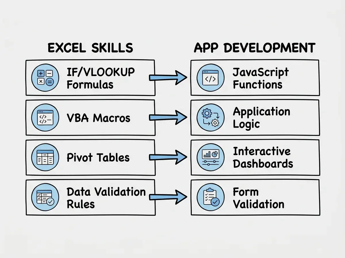 EXPLAINER DIAGRAM: A two-column comparison chart. Left column header reads EXCEL SKILLS with four rows: IF/VLOOKUP Formulas, VBA Macros, Pivot Tables, Data Validation Rules. Right column header reads APP DEVELOPMENT with matching rows: JavaScript Functions, Application Logic, Interactive Dashboards, Form Validation. Arrows connect each left item to its right counterpart. Clean layout with light blue background and simple icons next to each item.