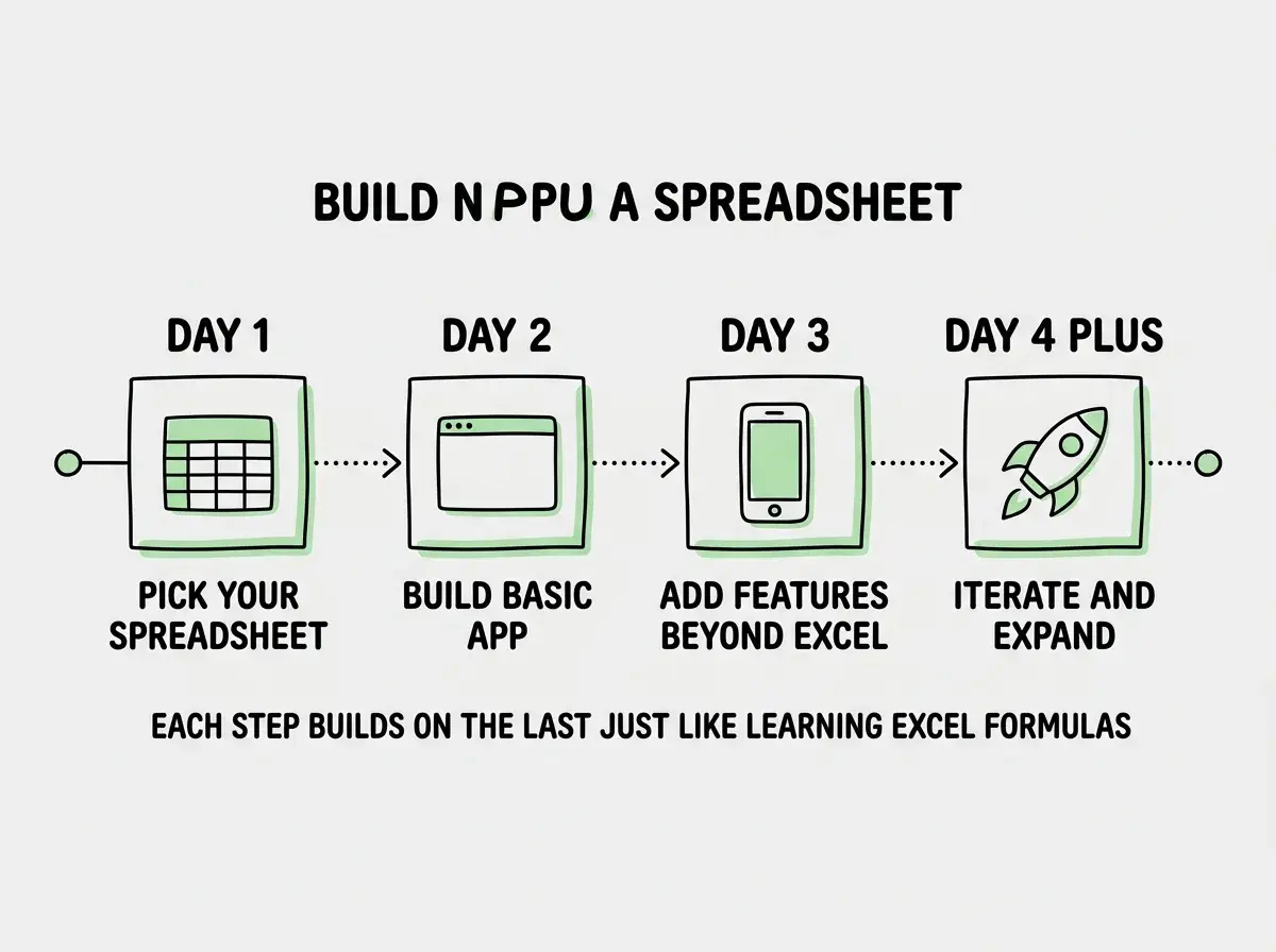 EXPLAINER DIAGRAM: A horizontal timeline showing four steps from left to right. Step 1 labeled DAY 1 shows a spreadsheet icon with text Pick Your Spreadsheet. Step 2 labeled DAY 2 shows a browser window icon with text Build Basic App. Step 3 labeled DAY 3 shows a mobile phone icon with text Add Features Beyond Excel. Step 4 labeled DAY 4 PLUS shows a rocket icon with text Iterate and Expand. A dotted arrow connects all four steps. Below the timeline a note reads Each step builds on the last just like learning Excel formulas. Clean minimal design with light green accents.