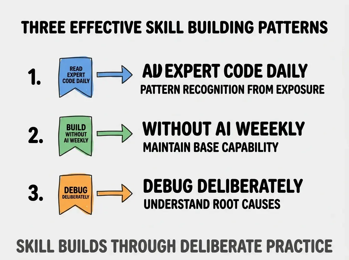 Clean modern flat infographic on light gray background. Top title bold black: THREE EFFECTIVE SKILL BUILDING PATTERNS. Single vertical numbered list with three rows. Row 1 blue badge READ EXPERT CODE DAILY with subtitle PATTERN RECOGNITION FROM EXPOSURE. Row 2 green badge BUILD WITHOUT AI WEEKLY with subtitle MAINTAIN BASE CAPABILITY. Row 3 orange badge DEBUG DELIBERATELY with subtitle UNDERSTAND ROOT CAUSES. Footer text dark gray: SKILL BUILDS THROUGH DELIBERATE PRACTICE. Each label appears exactly once. No duplicated text.