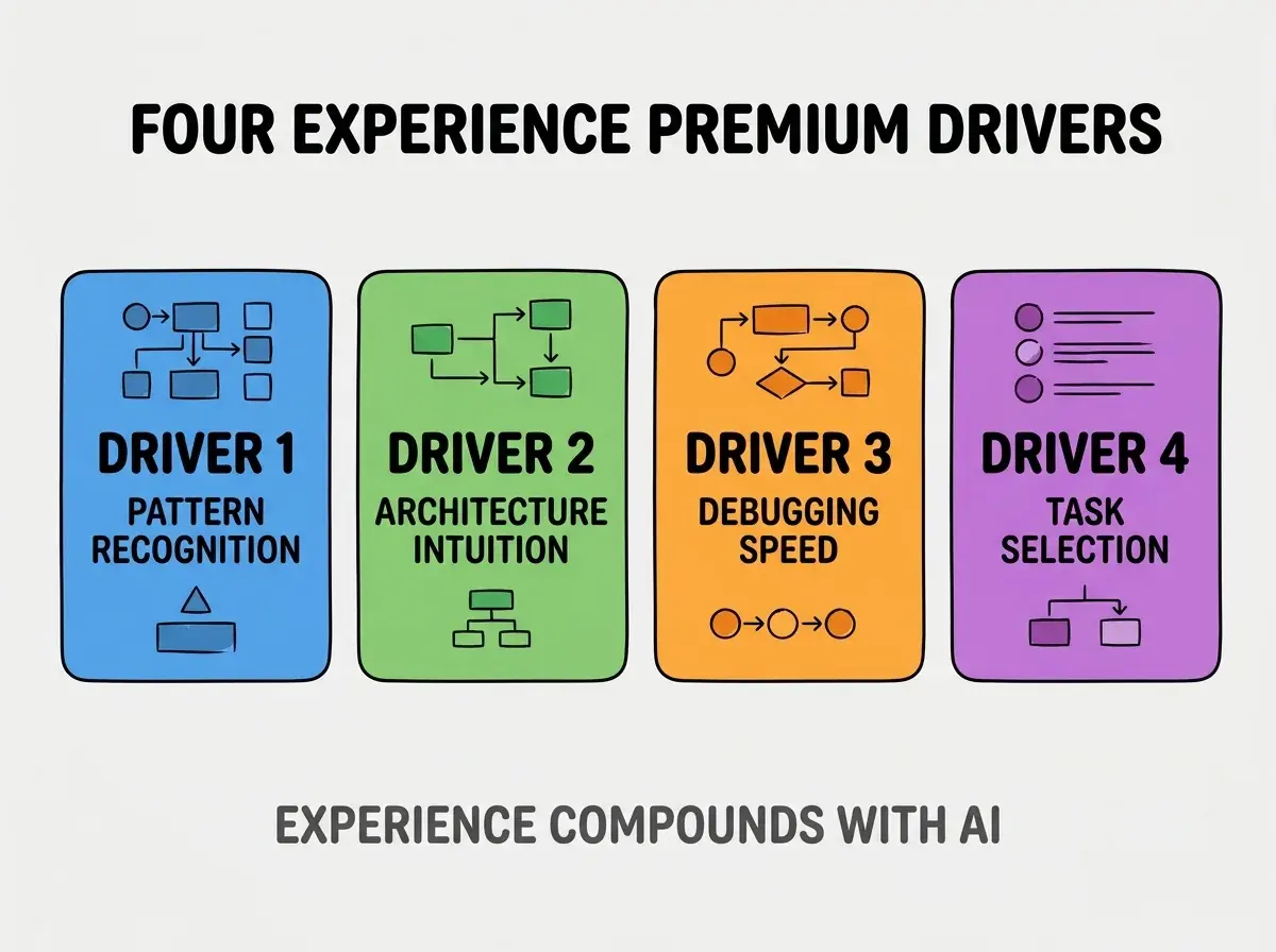 Clean modern flat infographic on light gray background. Top center bold black title text: FOUR EXPERIENCE PREMIUM DRIVERS. Below title, four equal sized colored rounded rectangle cards arranged horizontally. Card 1 blue: large bold text DRIVER 1 then smaller text PATTERN RECOGNITION. Card 2 green: large bold text DRIVER 2 then smaller text ARCHITECTURE INTUITION. Card 3 orange: large bold text DRIVER 3 then smaller text DEBUGGING SPEED. Card 4 purple: large bold text DRIVER 4 then smaller text TASK SELECTION. Single footer line below cards in dark gray text: EXPERIENCE COMPOUNDS WITH AI. Nothing else on canvas. No text outside cards or below cards.