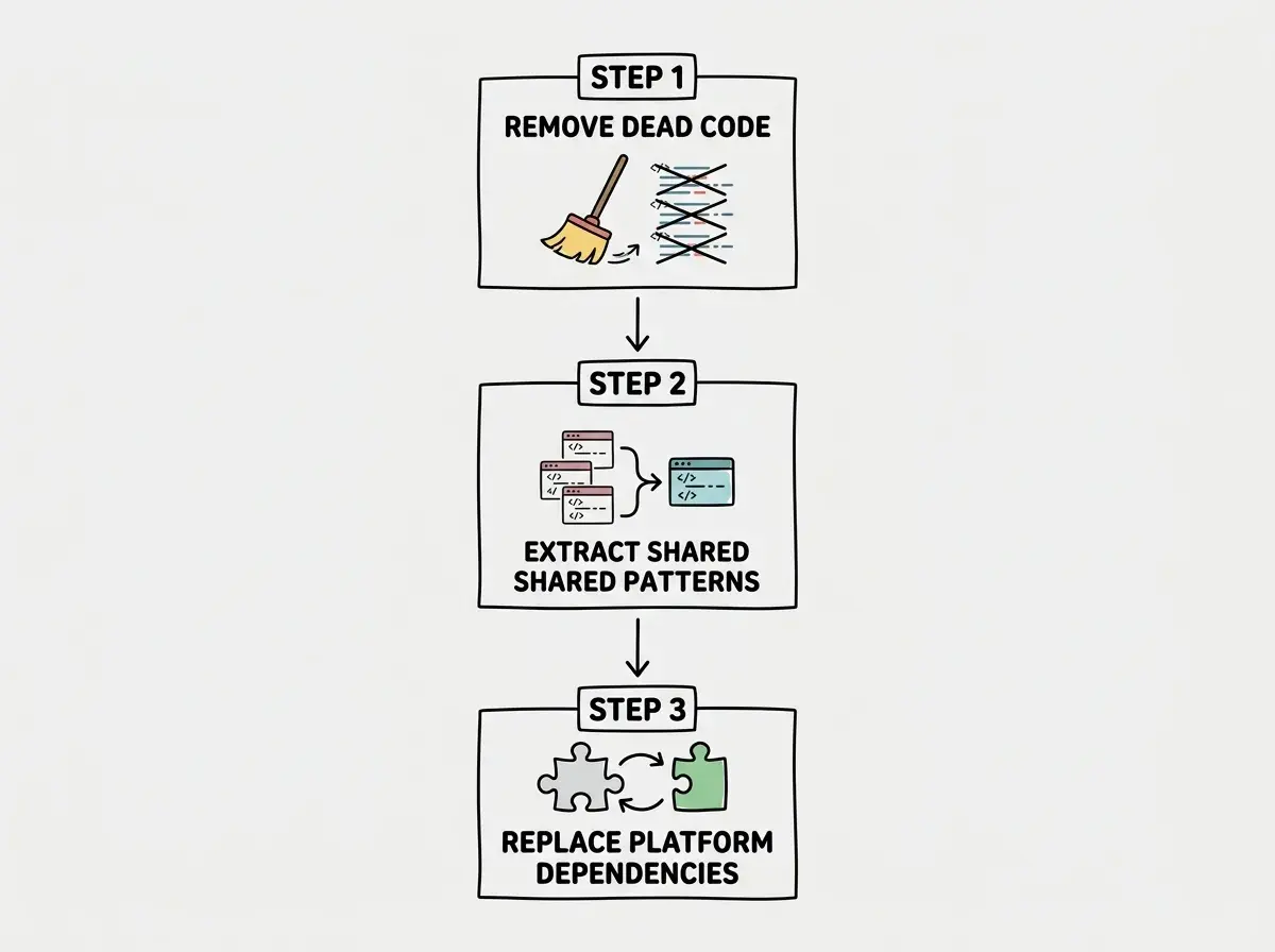 Explainer diagram showing a three-step cleanup priority list as a vertical flowchart: Step 1 at top labeled Remove Dead Code with an icon of a broom sweeping away crossed-out code lines, Step 2 in the middle labeled Extract Shared Patterns with an icon showing three duplicate blocks being merged into one reusable block, and Step 3 at bottom labeled Replace Platform Dependencies with an icon of a puzzle piece being swapped for a different one