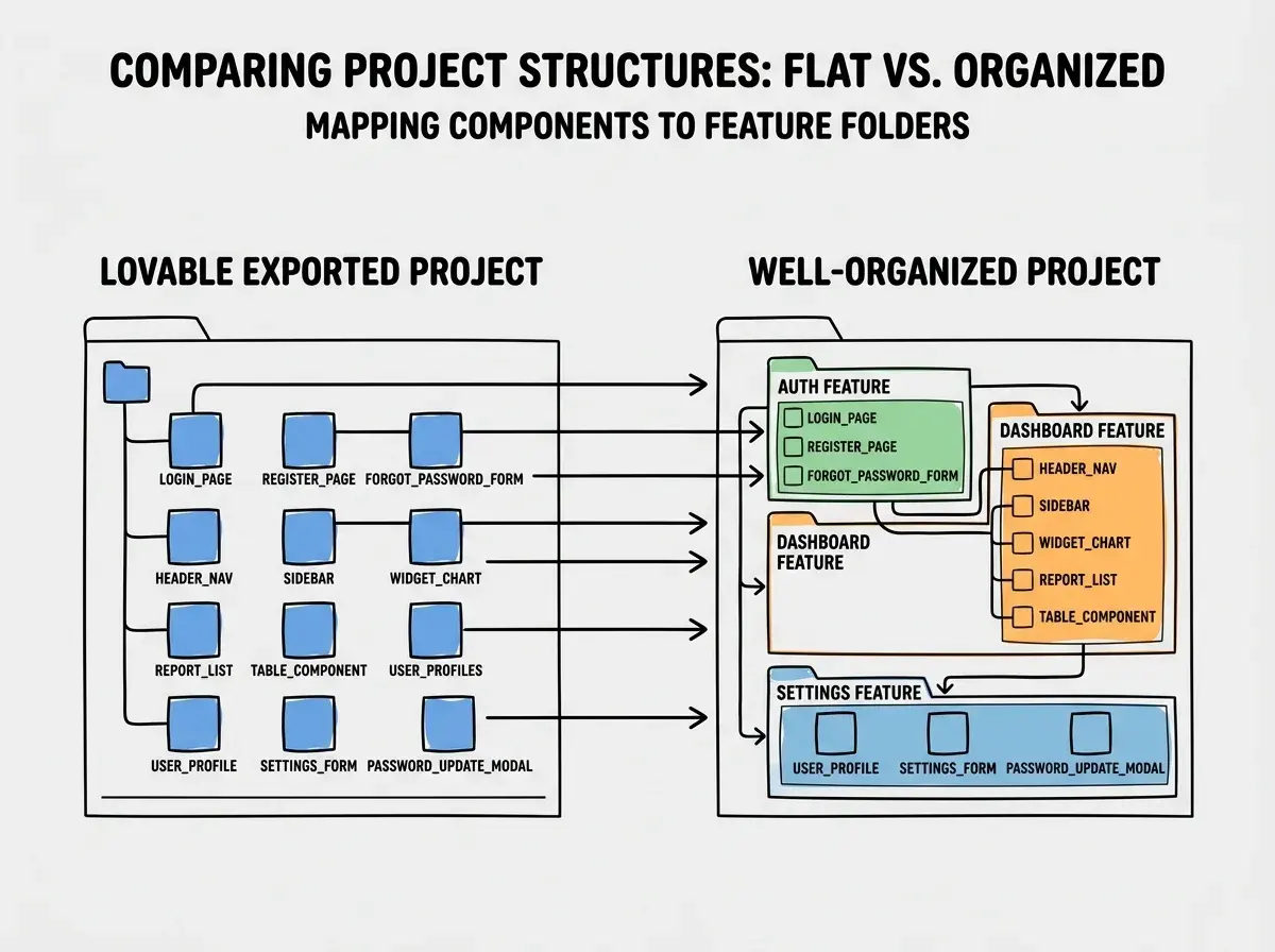 Explainer diagram comparing a Lovable exported project structure on the left showing a flat folder with many component files all at the same level, versus a well-organized project on the right with components grouped into feature folders like auth, dashboard, and settings, with arrows showing which files from the flat structure map to which feature folders