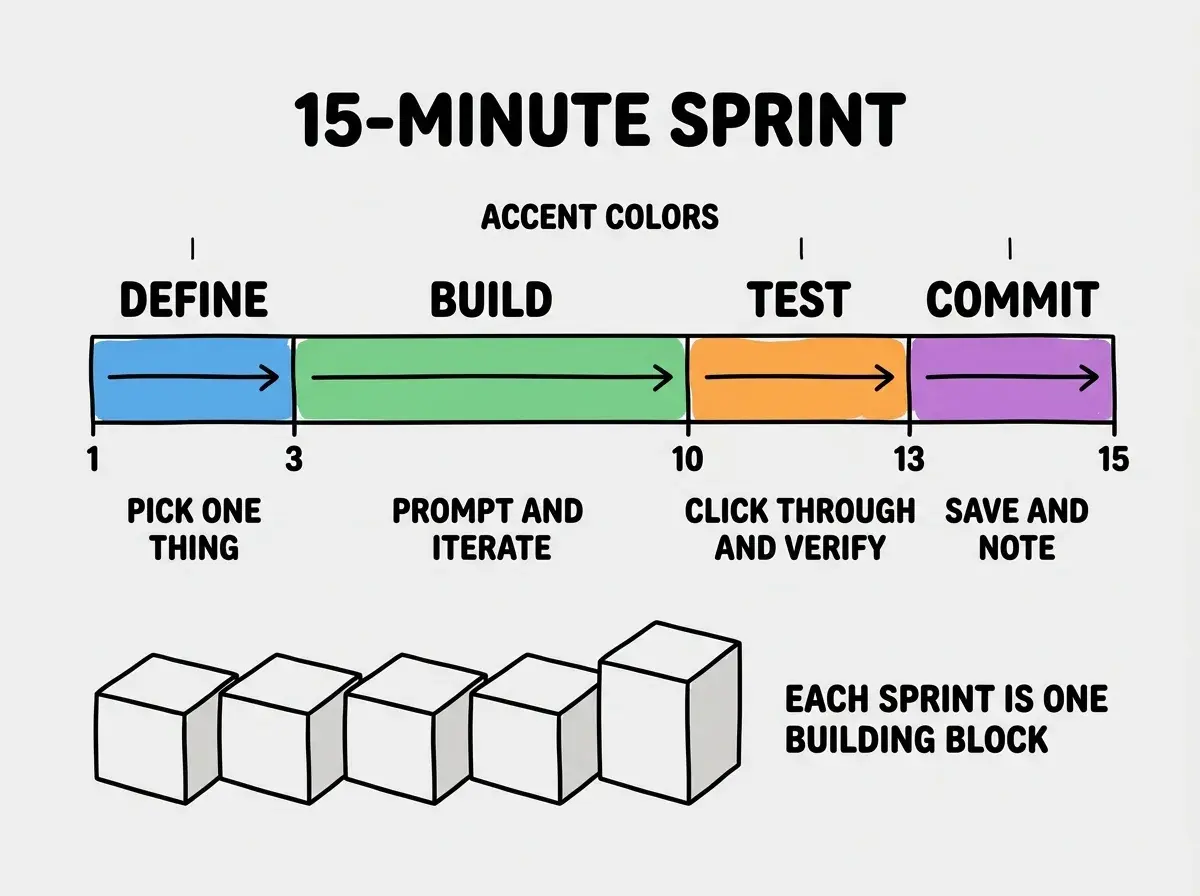 EXPLAINER DIAGRAM: A horizontal timeline divided into four colored segments representing a 15-minute sprint. First segment labeled DEFINE in blue spans minutes 1 to 3 with text Pick one thing. Second segment labeled BUILD in green spans minutes 3 to 10 with text Prompt and iterate. Third segment labeled TEST in orange spans minutes 10 to 13 with text Click through and verify. Fourth segment labeled COMMIT in purple spans minutes 13 to 15 with text Save and note. Below the timeline a row of five identical block shapes shows sprints stacking left to right with a label reading Each sprint is one building block.