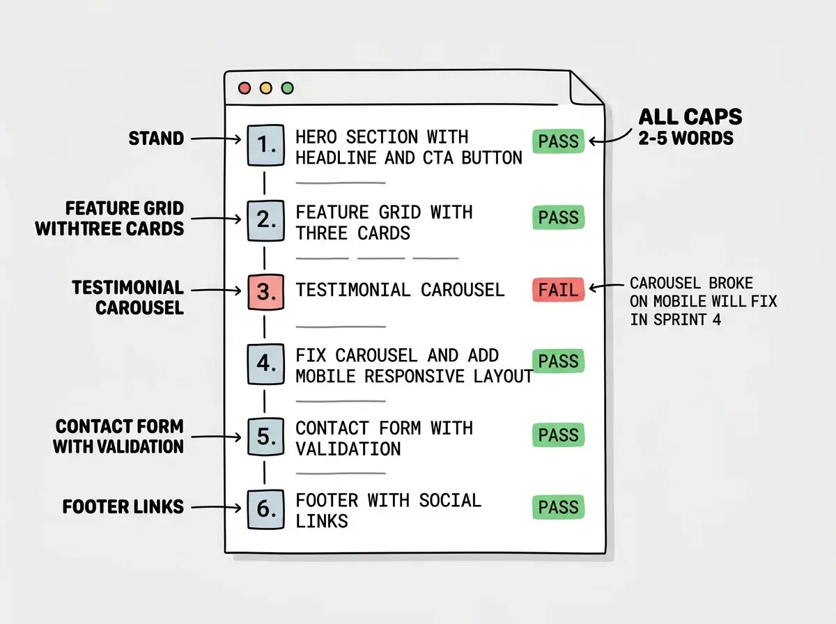 EXPLAINER DIAGRAM: A vertical list styled like a text file showing a sprint log with six numbered entries. Entry 1 reads Hero section with headline and CTA button followed by a green PASS label. Entry 2 reads Feature grid with three cards followed by a green PASS label. Entry 3 reads Testimonial carousel followed by a red FAIL label and a note Carousel broke on mobile will fix in sprint 4. Entry 4 reads Fix carousel and add mobile responsive layout followed by a green PASS label. Entry 5 reads Contact form with validation followed by a green PASS label. Entry 6 reads Footer with social links followed by a green PASS label. Clean monospace font on a light background.
