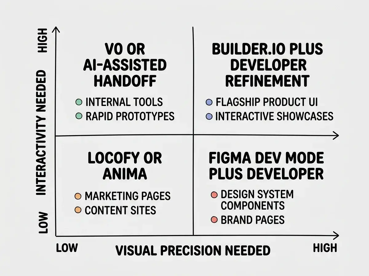 EXPLAINER DIAGRAM: A two-by-two matrix grid. The horizontal axis is labeled VISUAL PRECISION NEEDED with LOW on the left and HIGH on the right. The vertical axis is labeled INTERACTIVITY NEEDED with LOW at the bottom and HIGH at the top. Bottom-left quadrant labeled LOCOFY OR ANIMA contains examples MARKETING PAGES and CONTENT SITES. Bottom-right quadrant labeled FIGMA DEV MODE PLUS DEVELOPER contains examples DESIGN SYSTEM COMPONENTS and BRAND PAGES. Top-left quadrant labeled V0 OR AI-ASSISTED HANDOFF contains examples INTERNAL TOOLS and RAPID PROTOTYPES. Top-right quadrant labeled BUILDER.IO PLUS DEVELOPER REFINEMENT contains examples FLAGSHIP PRODUCT UI and INTERACTIVE SHOWCASES.