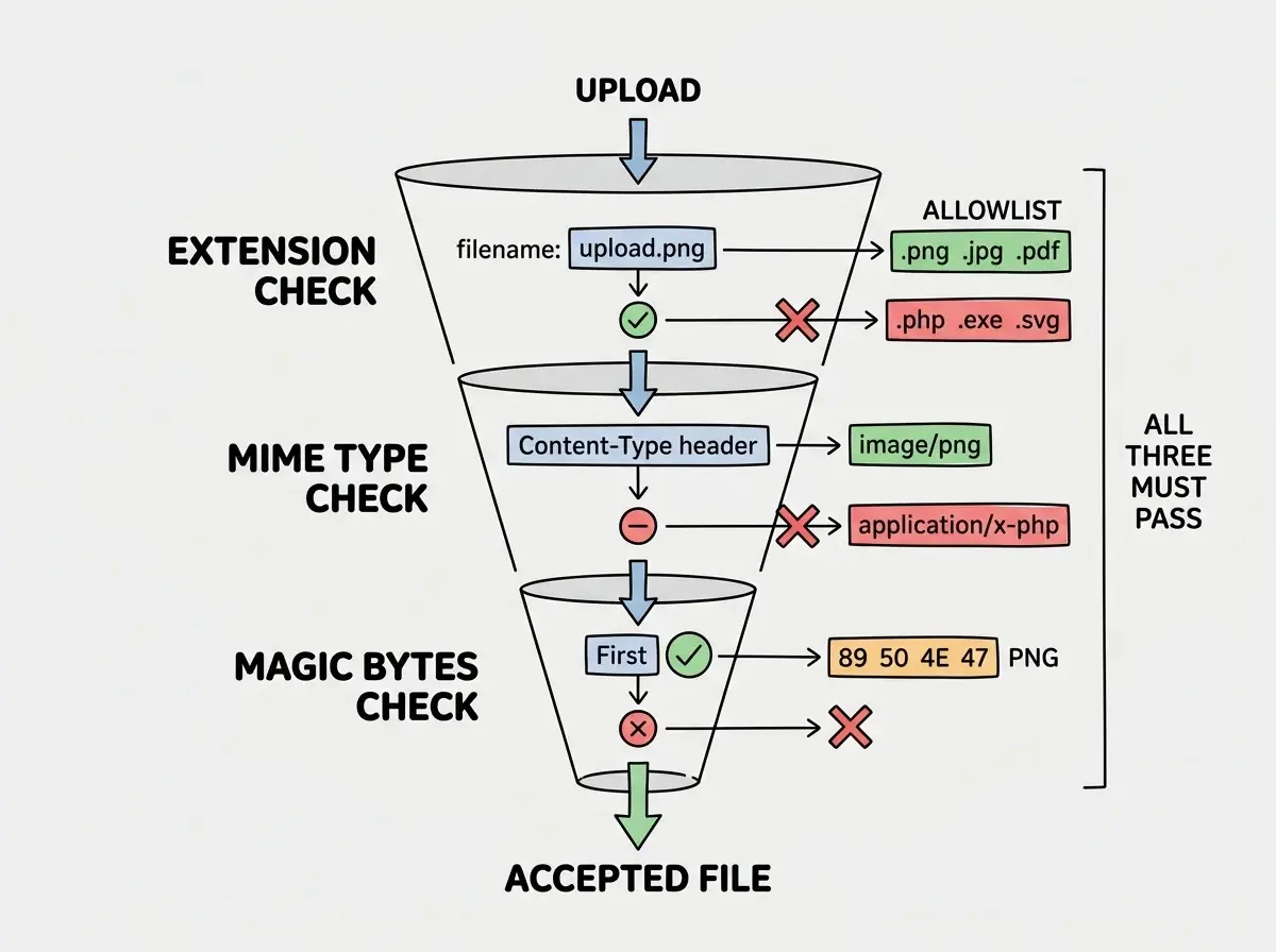 EXPLAINER DIAGRAM: A vertical funnel showing three validation layers for file uploads. Top layer labeled EXTENSION CHECK shows a filename like upload.png being checked against an allowlist of .png .jpg .pdf, with a red X blocking .php .exe .svg. Middle layer labeled MIME TYPE CHECK shows the Content-Type header being compared against expected types for that extension, with image/png passing and application/x-php being blocked. Bottom layer labeled MAGIC BYTES CHECK shows the first bytes of the file being compared to known signatures like 89 50 4E 47 for PNG, with a green checkmark for matching bytes and a red X for mismatched bytes. An arrow at the bottom points to ACCEPTED FILE. A sidebar note reads ALL THREE MUST PASS.