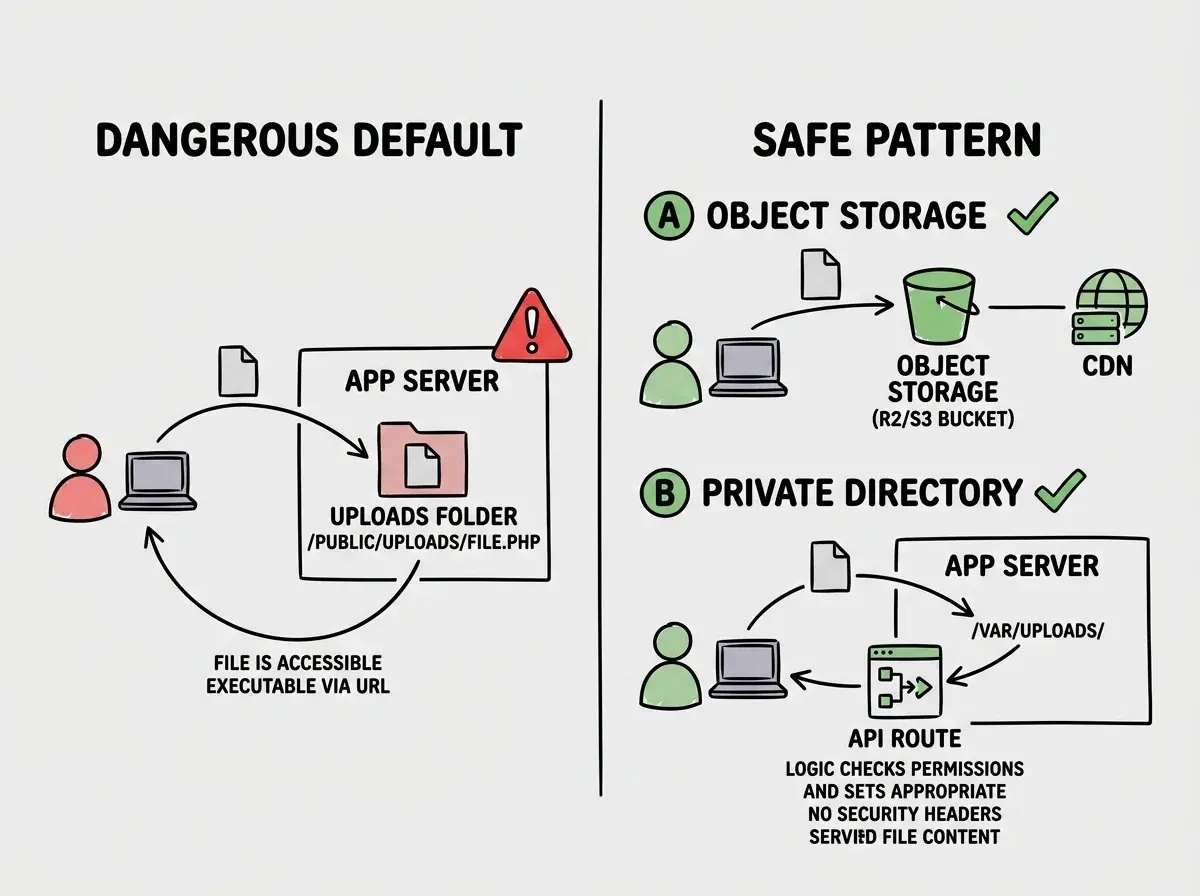 EXPLAINER DIAGRAM: A two-panel comparison. Left panel labeled DANGEROUS DEFAULT shows an upload flow where a user uploads a file, the server saves it to /public/uploads/file.php, and the file is directly accessible and executable via URL with a red warning icon. The web server box shows the uploads folder inside the web root. Right panel labeled SAFE PATTERN shows two sub-options. Option A labeled OBJECT STORAGE shows the file being sent to a separate Cloudflare R2 or S3 bucket icon, served via CDN, never on the app server. Option B labeled PRIVATE DIRECTORY shows the file saved to /var/uploads/ outside the web root, with an API ROUTE acting as a gatekeeper between the stored file and the user, checking permissions and setting headers. Both options have green checkmarks.